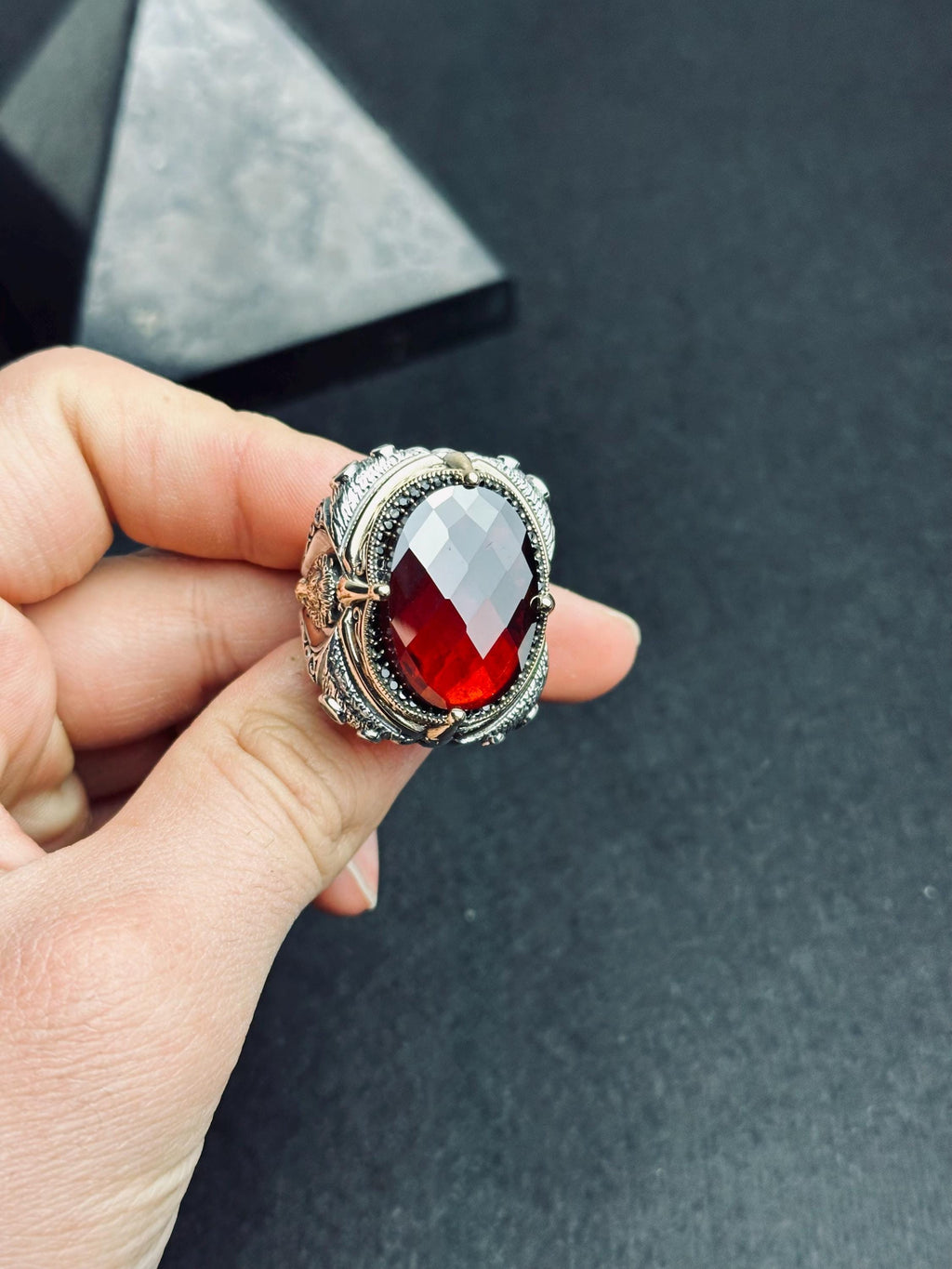 Lion Head Statement Ring: Sterling Silver with Red Gemstone