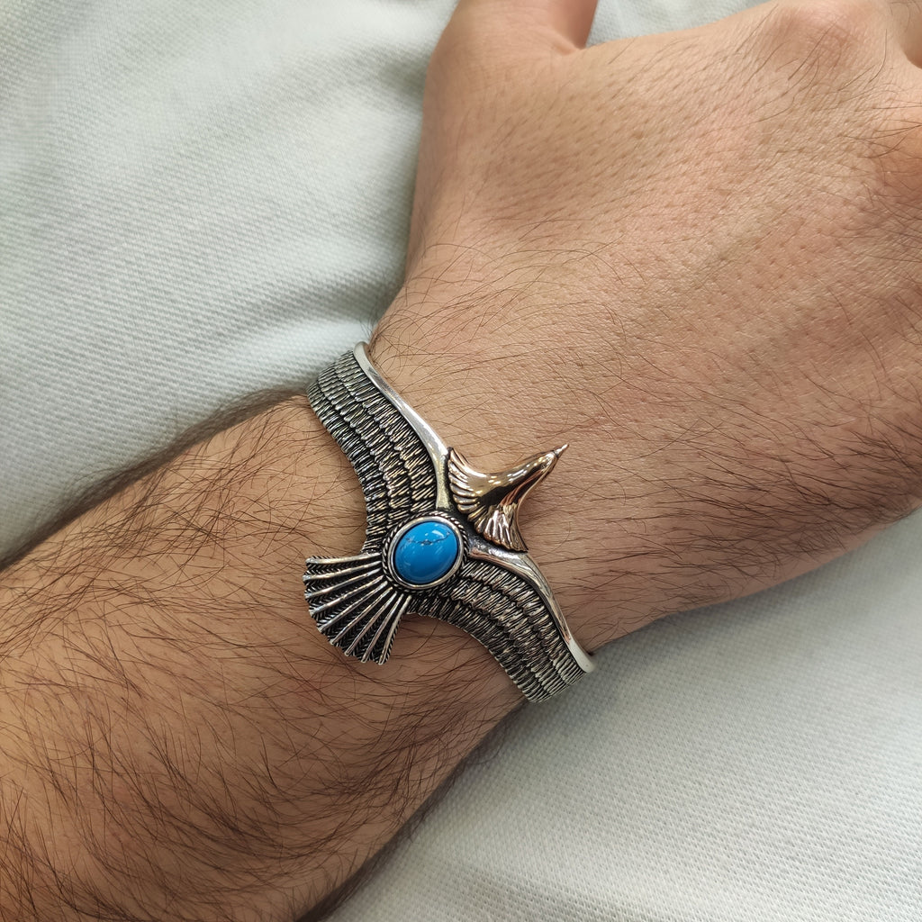 Sterling Silver Eagle Cuff Bracelet: Turquoise Stone, Handmade