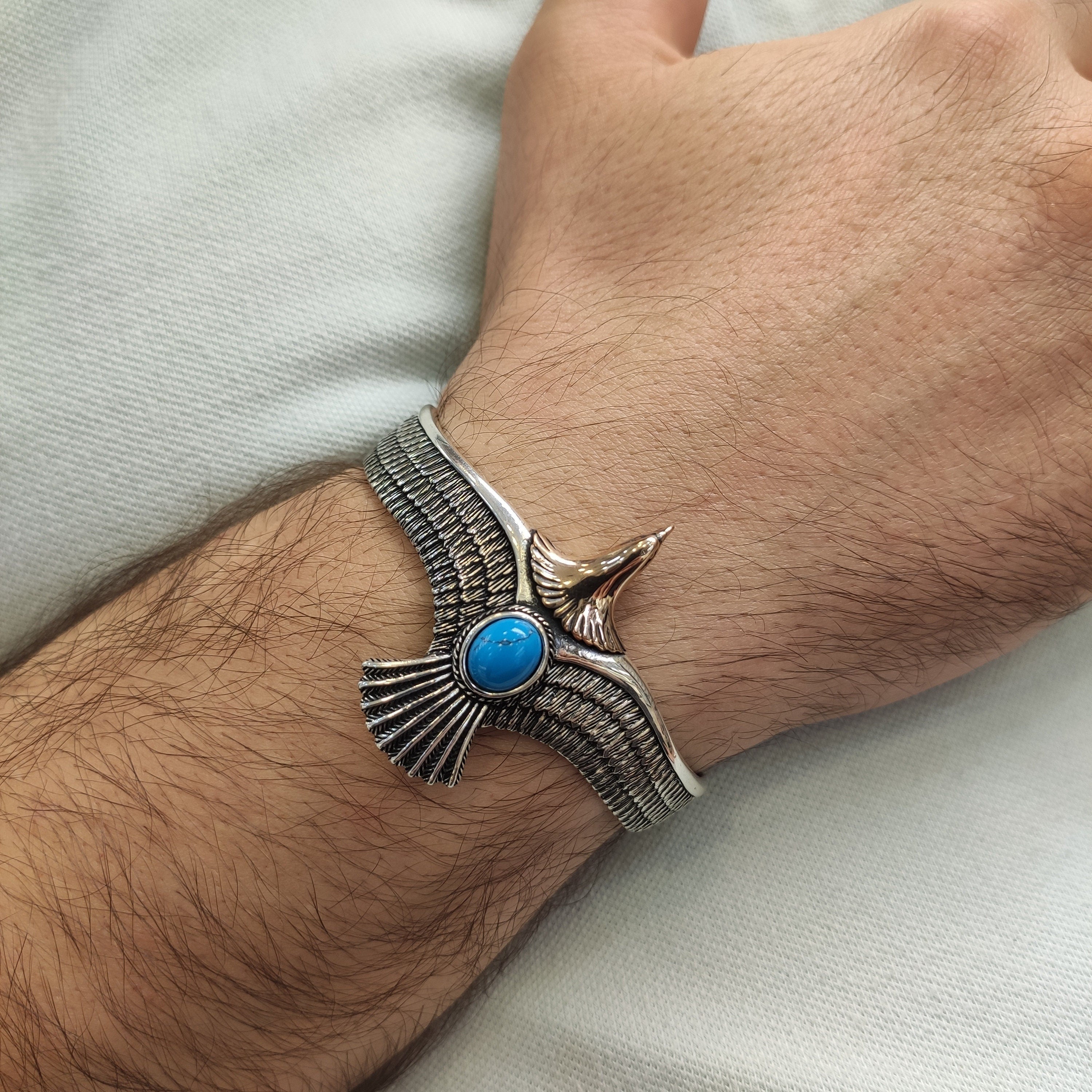 Sterling Silver Eagle Cuff Bracelet: Turquoise Stone, Handmade