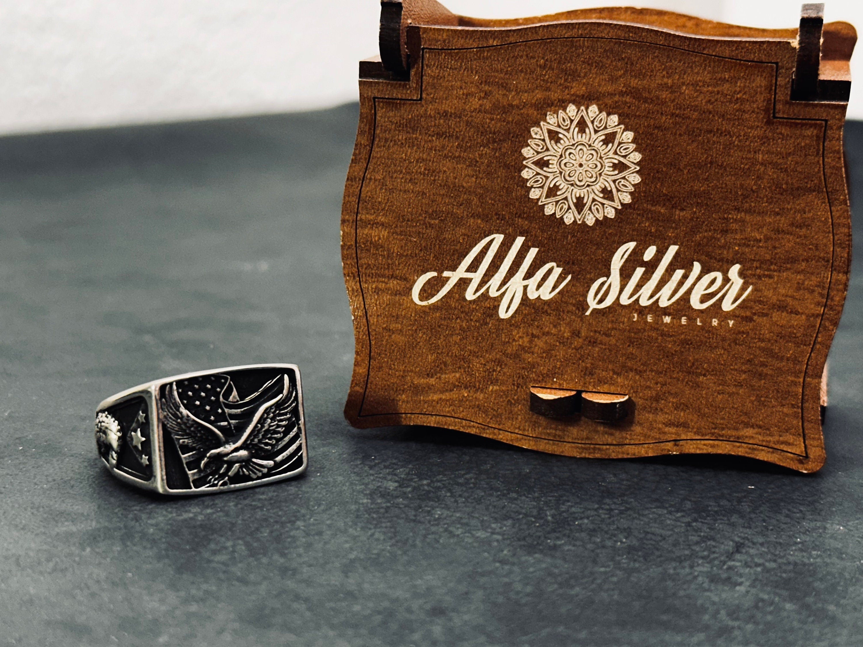Eagle Ring: Sterling Silver American Flag Style (Men's Statement Jewelry)