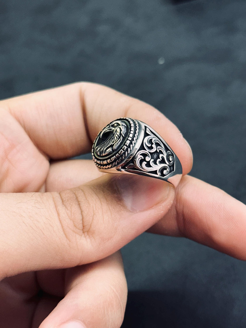Artisan Sterling Silver Eagle Ring, Round Band (Mens and Womens)