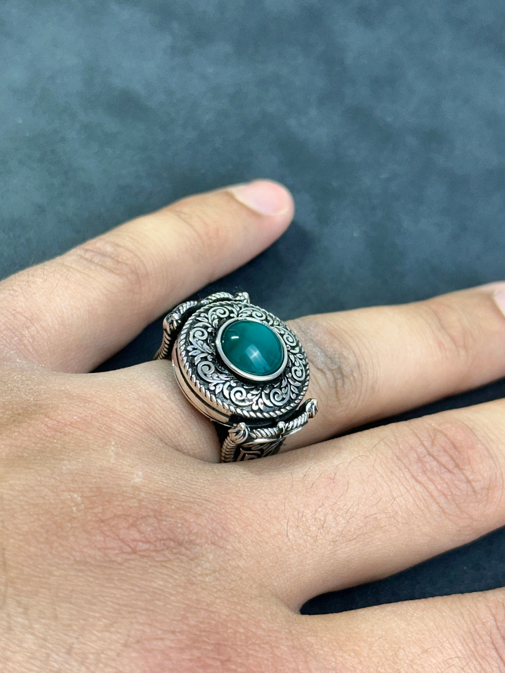 Men's Agate Ring: Cushion Green Stone - Handmade Sterling Silver
