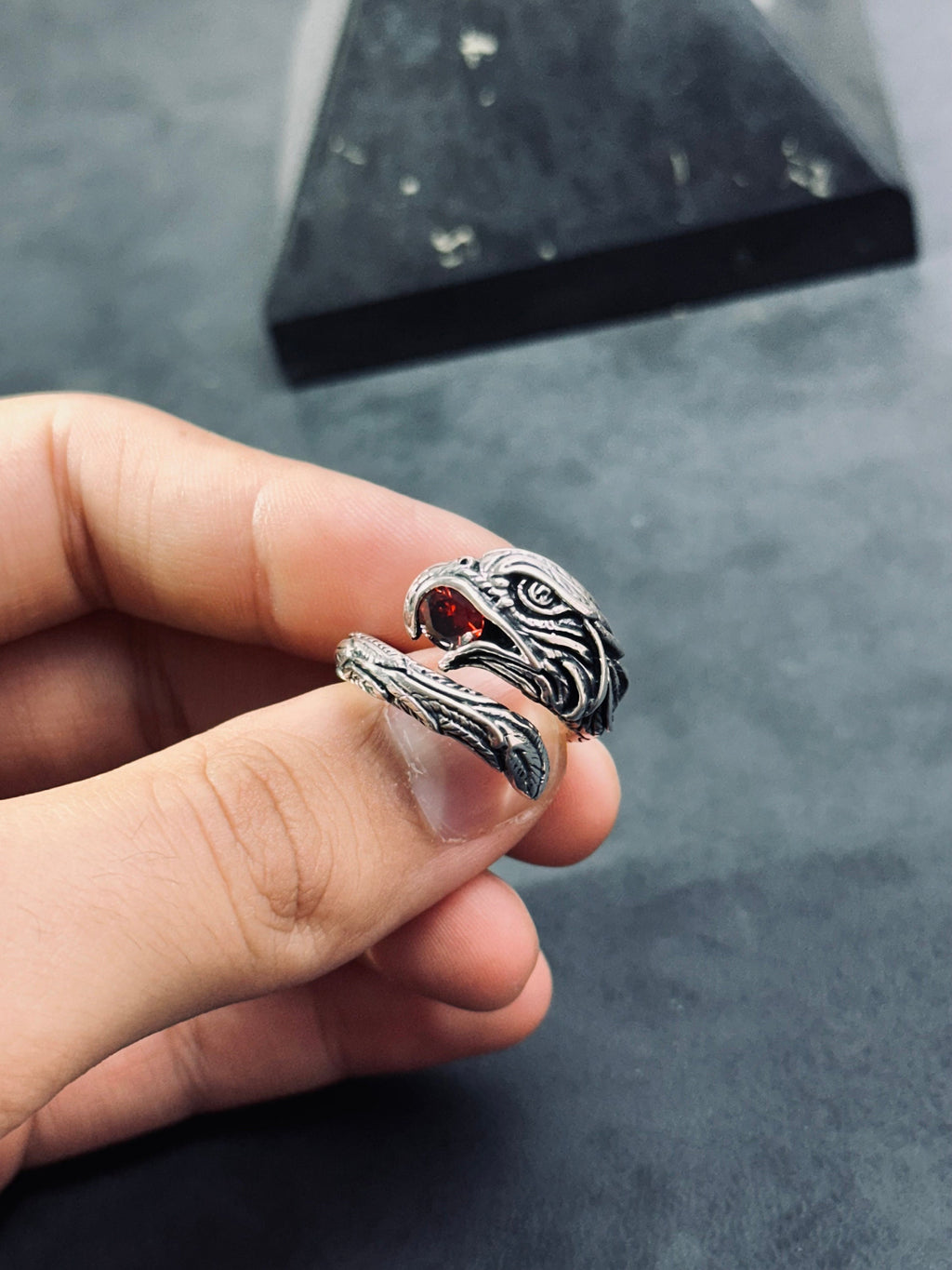 Oxidized Sterling Silver Snake Ring: Adjustable with CZ Gemstone