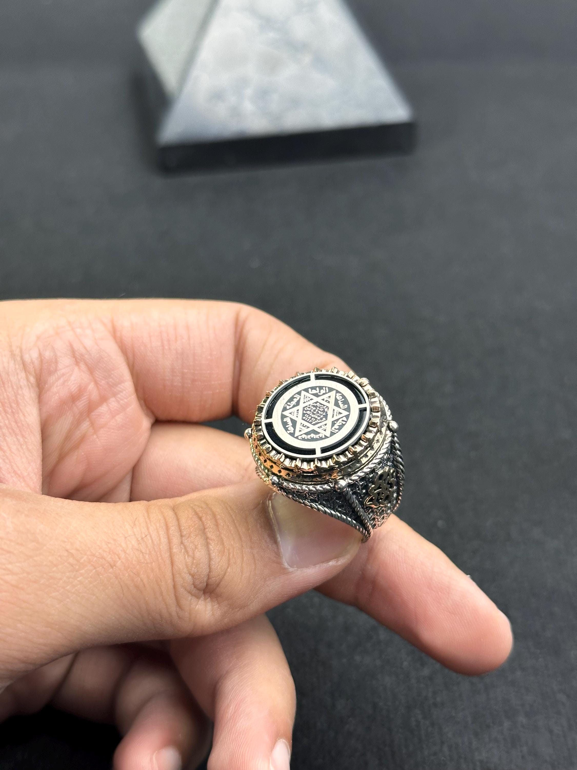 Engraved Solomon Seal Ring - Sterling Silver Handmade Men's Jewelry