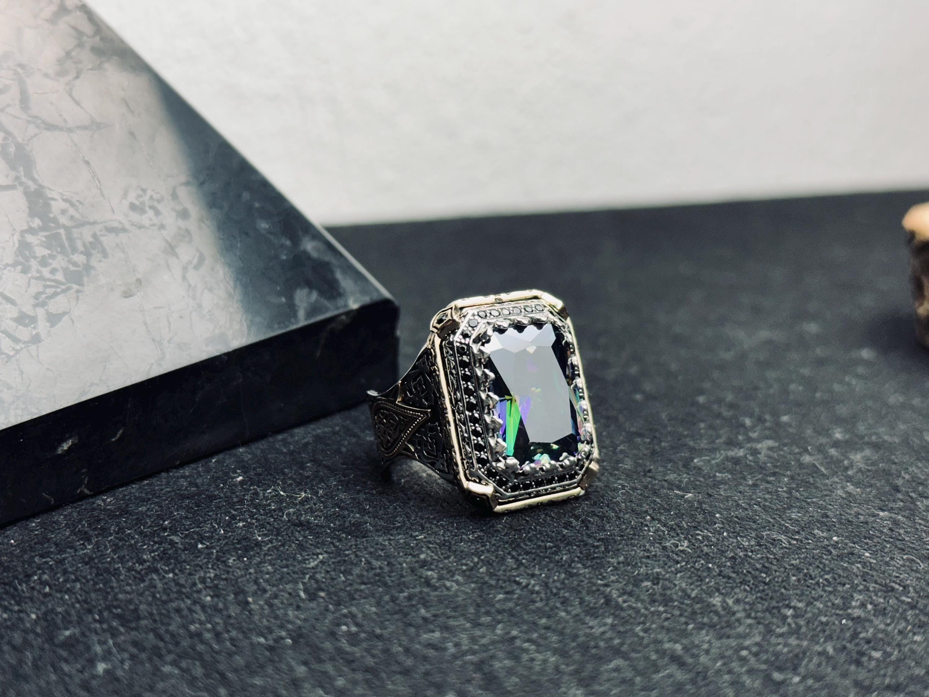 Square Mystic Topaz Ring: Color Changing Silver Statement Jewelry