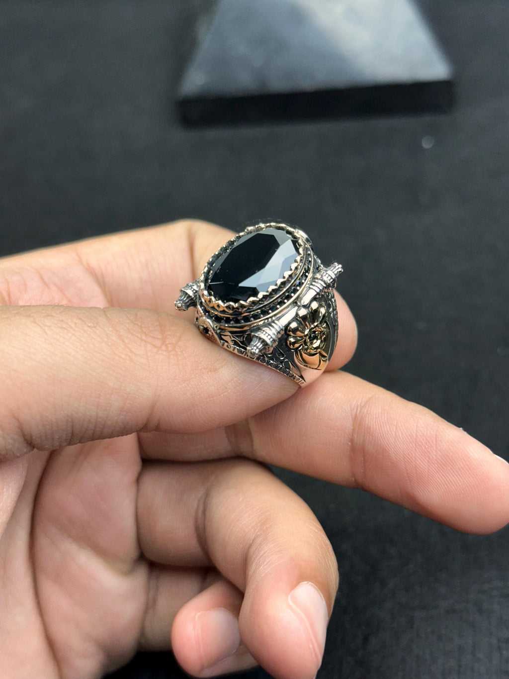 Sterling Silver Men's Ring, Black Zircon Statement (Handmade)
