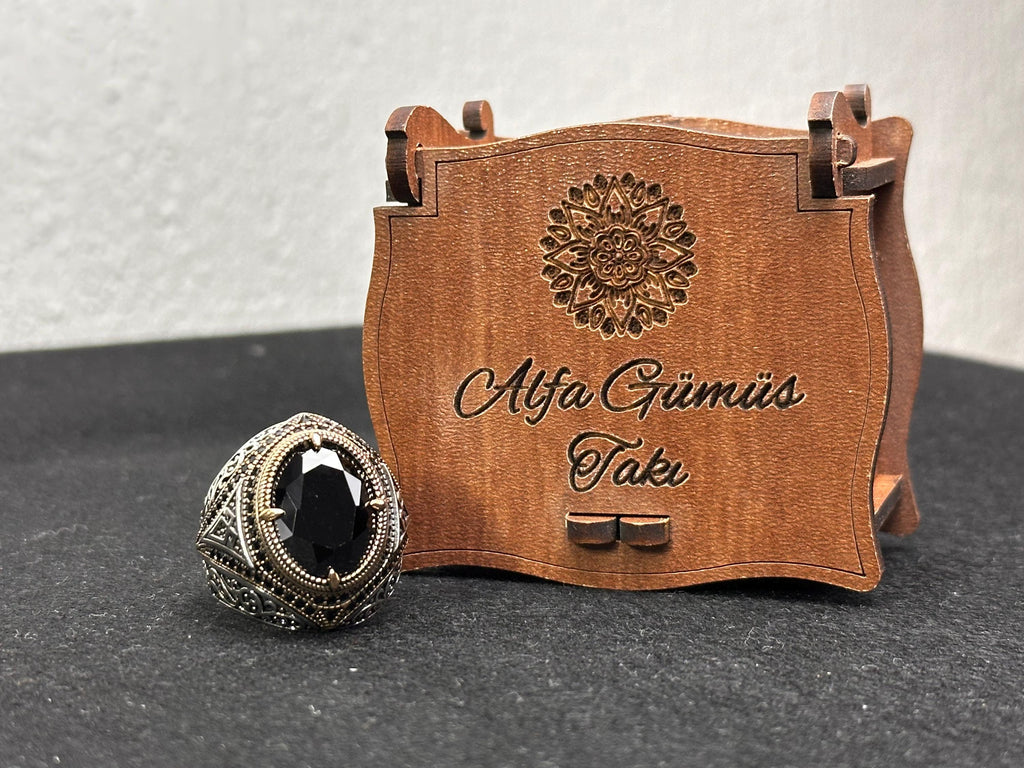 Men's Silver Ring: Handmade 925 Sterling - Black Zircon Stone
