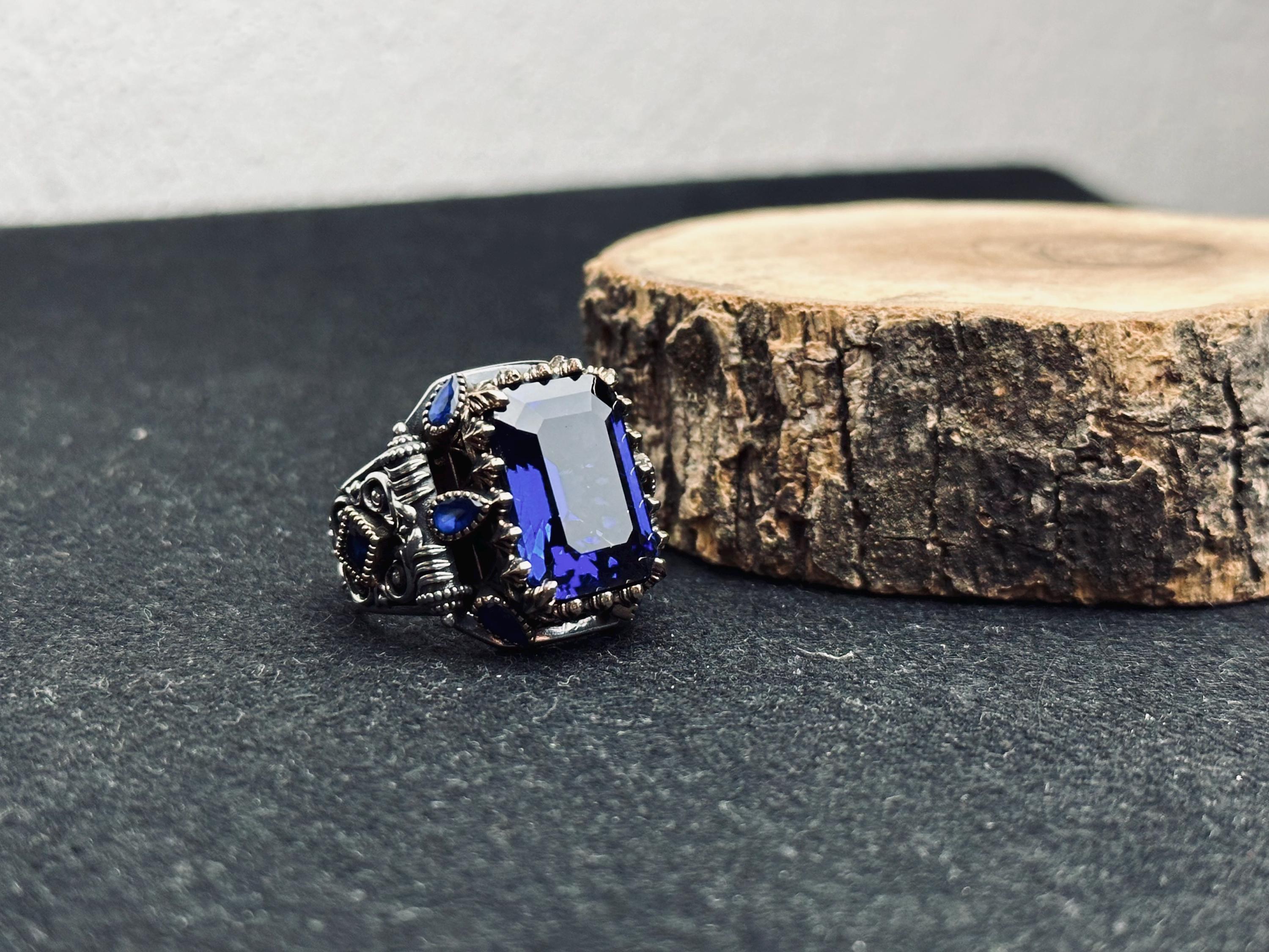 Blue Sapphire Statement Ring: Turkish Handmade Silver (Square Cut)