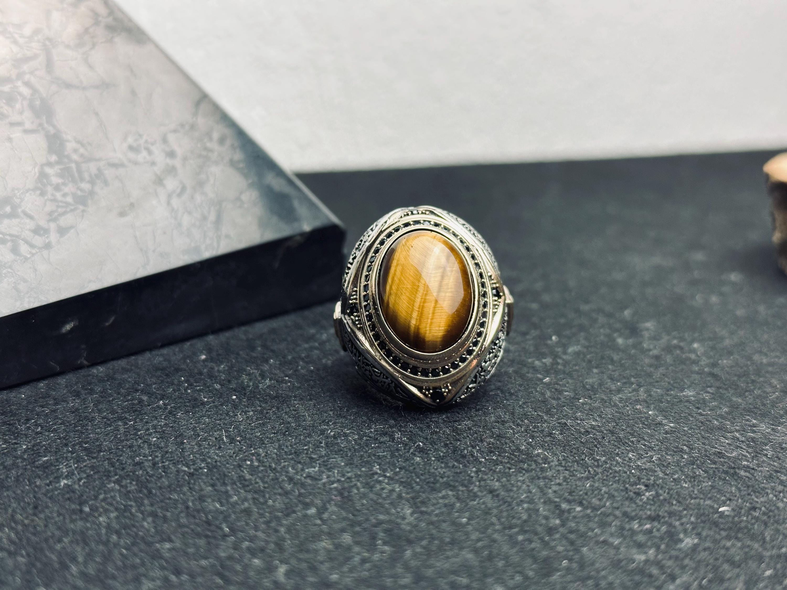 Tiger Eye Silver Ring, Men's Oval Statement (Handmade, Spiritual)
