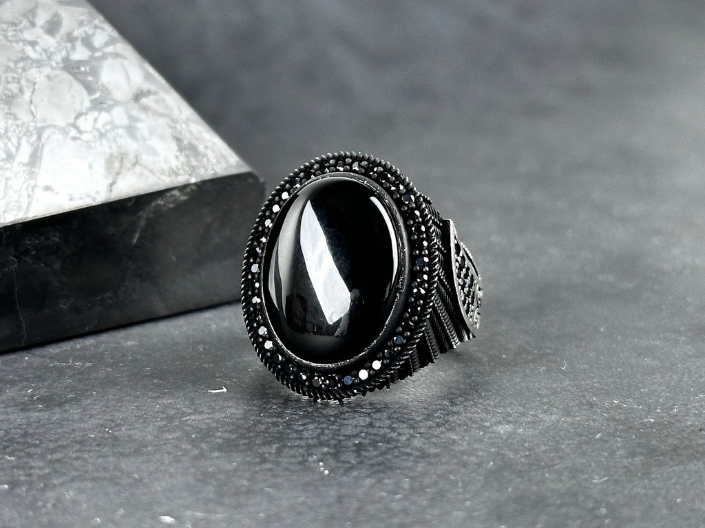 Handmade Silver Onyx Ring - Solid Sterling with Zircon Accent