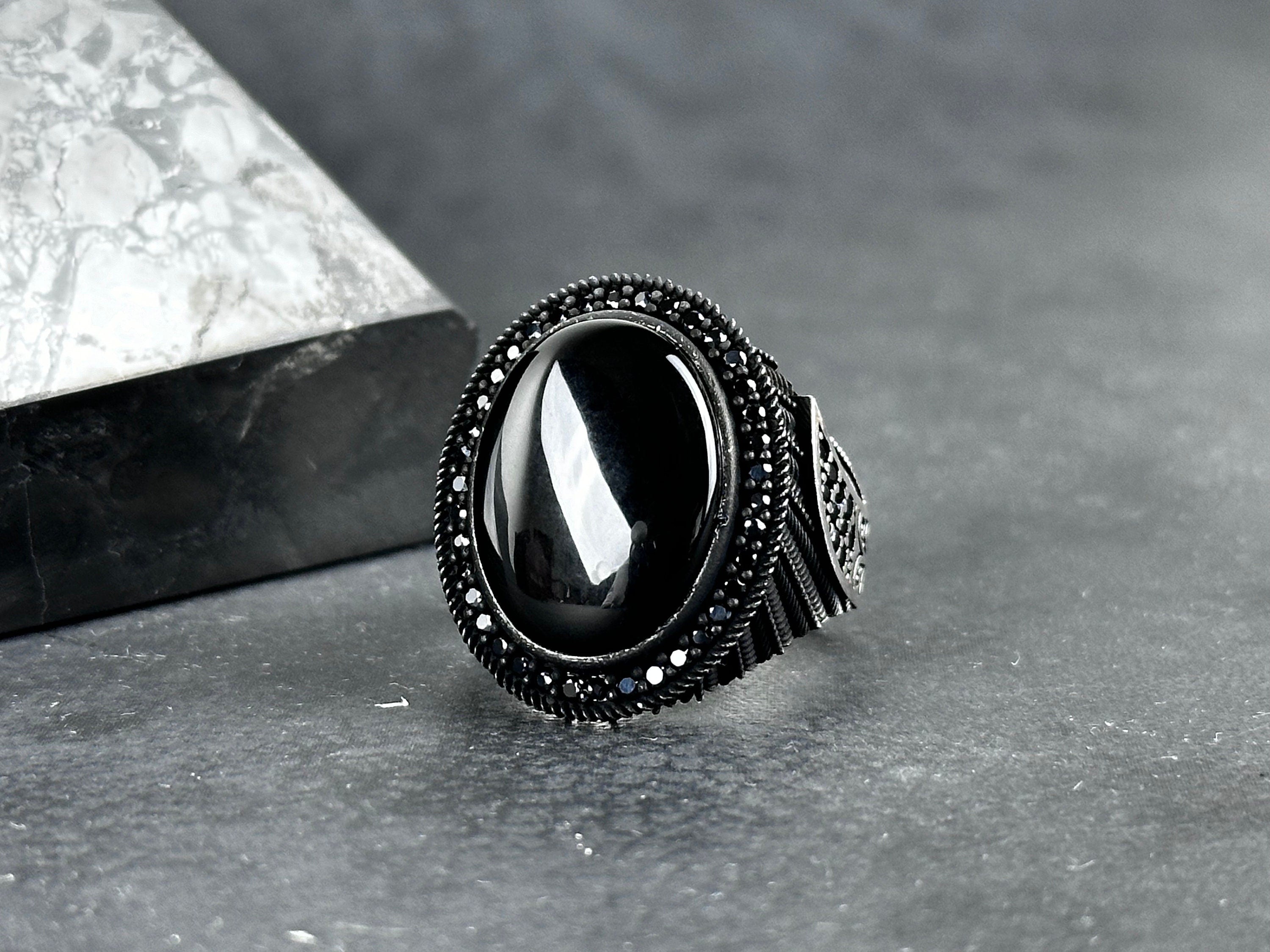 Handmade Silver Onyx Ring - Solid Sterling with Zircon Accent