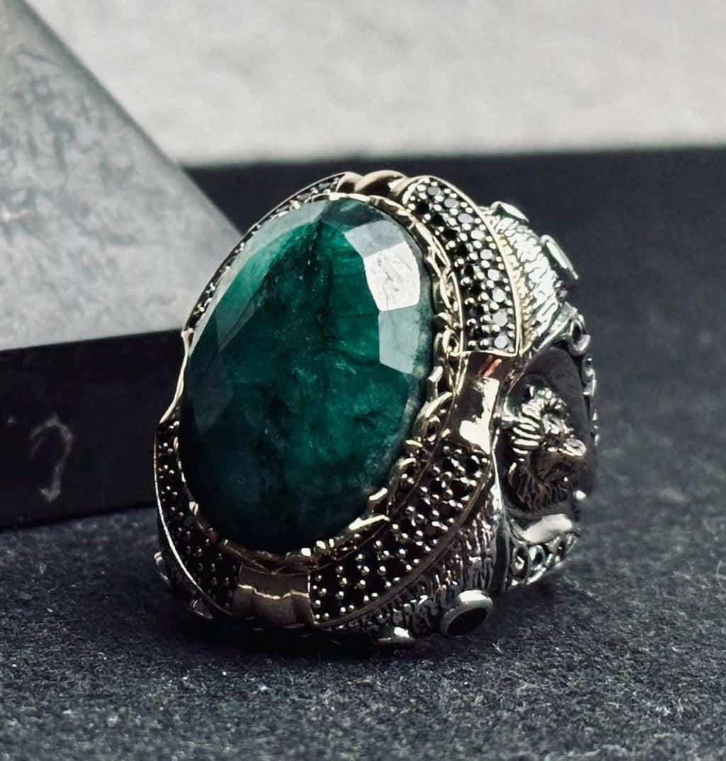Huge Emerald Stone Ring - Sterling Silver Lion Head Design