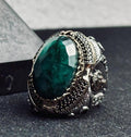 Huge Emerald Stone Ring - Sterling Silver Lion Head Design