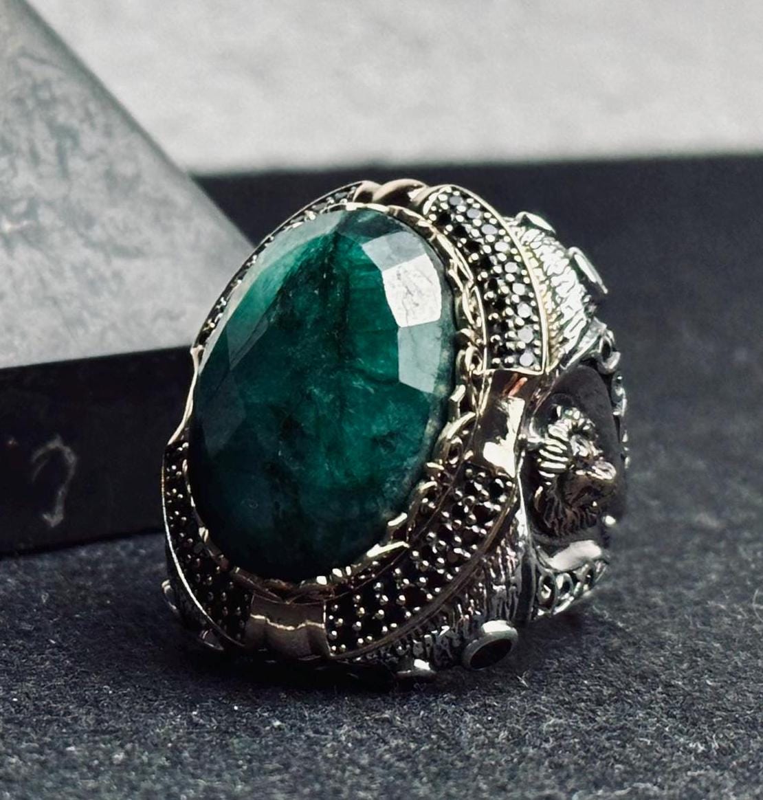 Huge Emerald Stone Ring - Sterling Silver Lion Head Design