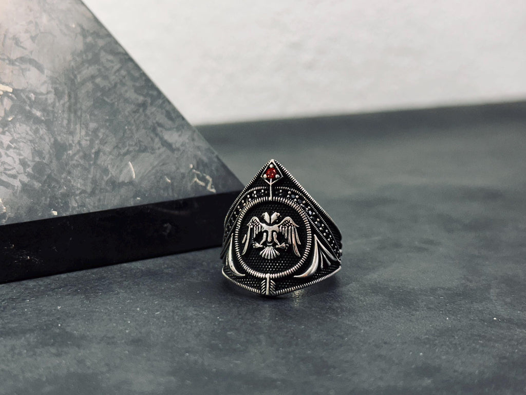 Sterling Silver Eagle Warrior Ring, Double Headed CZ (Men's Statement)