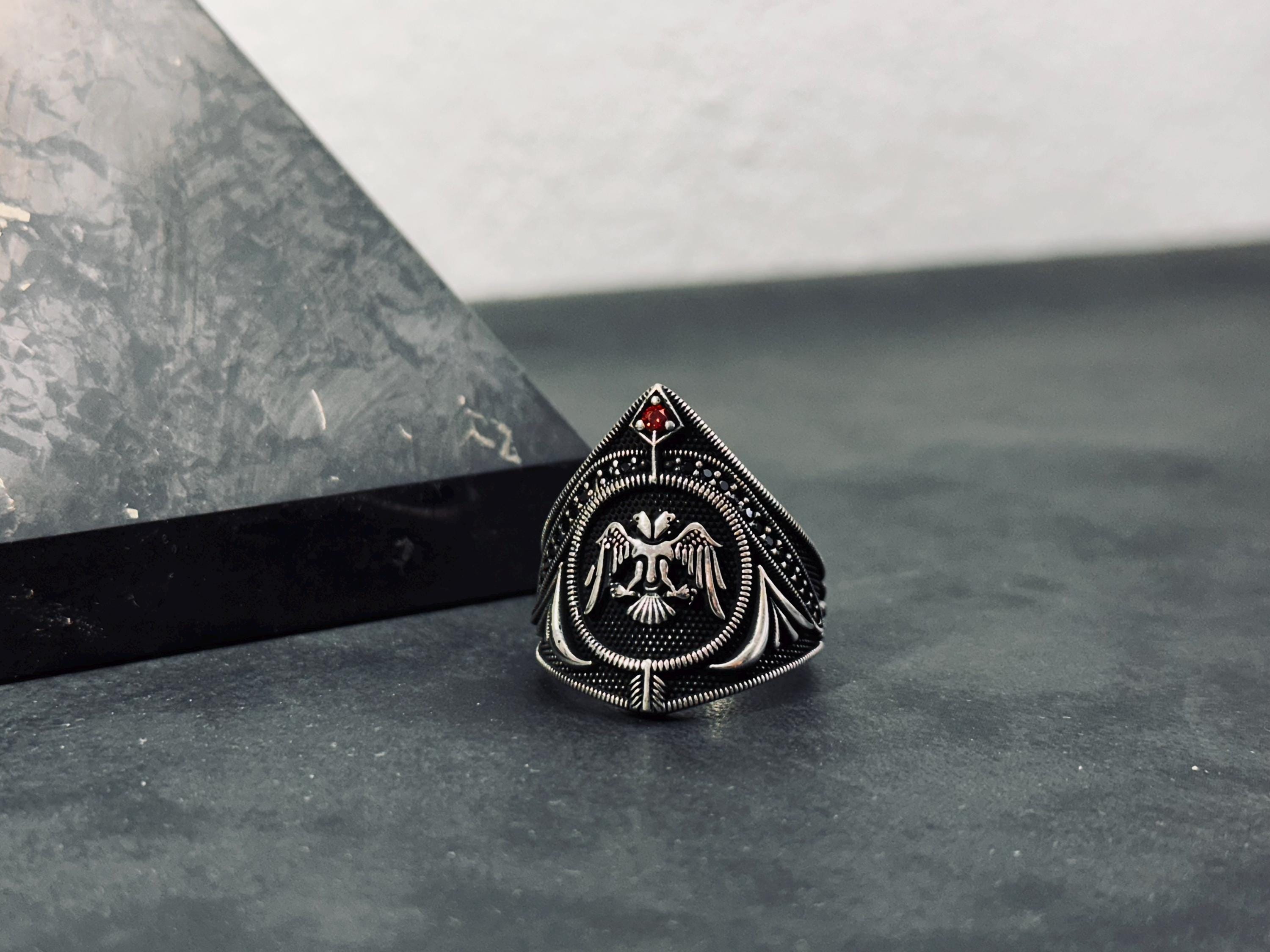 Sterling Silver Eagle Warrior Ring, Double Headed CZ (Men's Statement)