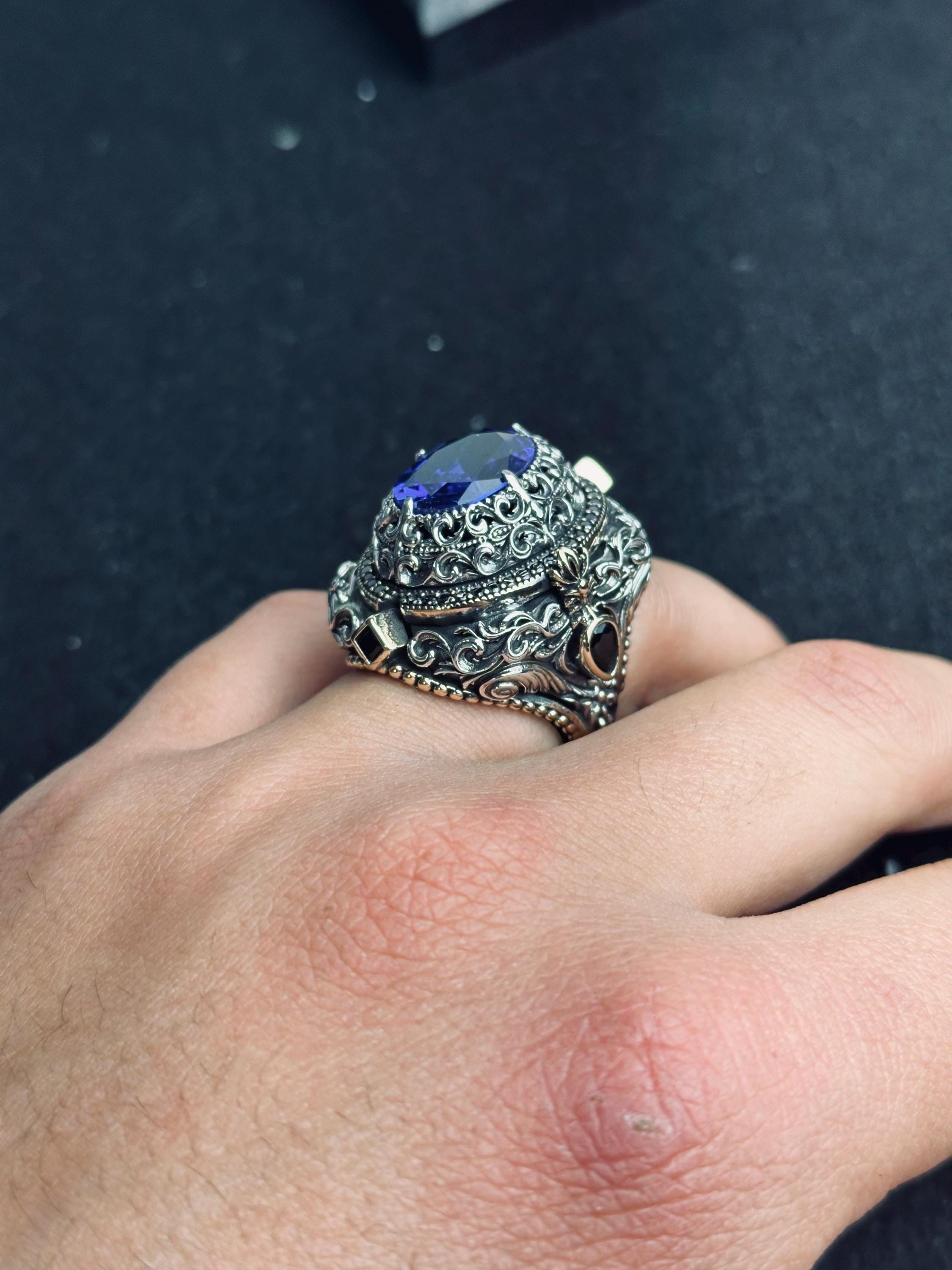Blue Sapphire Ring 925 Sterling Silver Men Statement Ring Handmade Luxury Jewelry