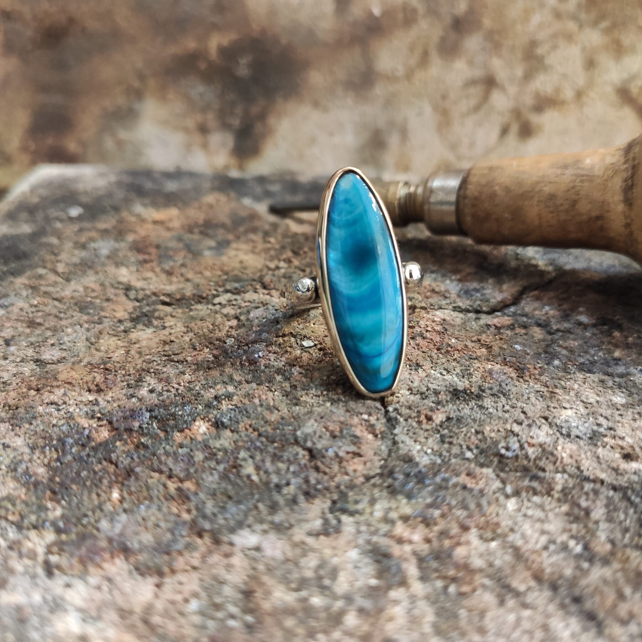 Blue Mother of Pearl Ring: Handmade Sterling Silver Statement