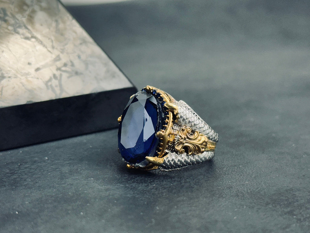 Blue Zircon Sterling Silver King Ring (Crown Design)