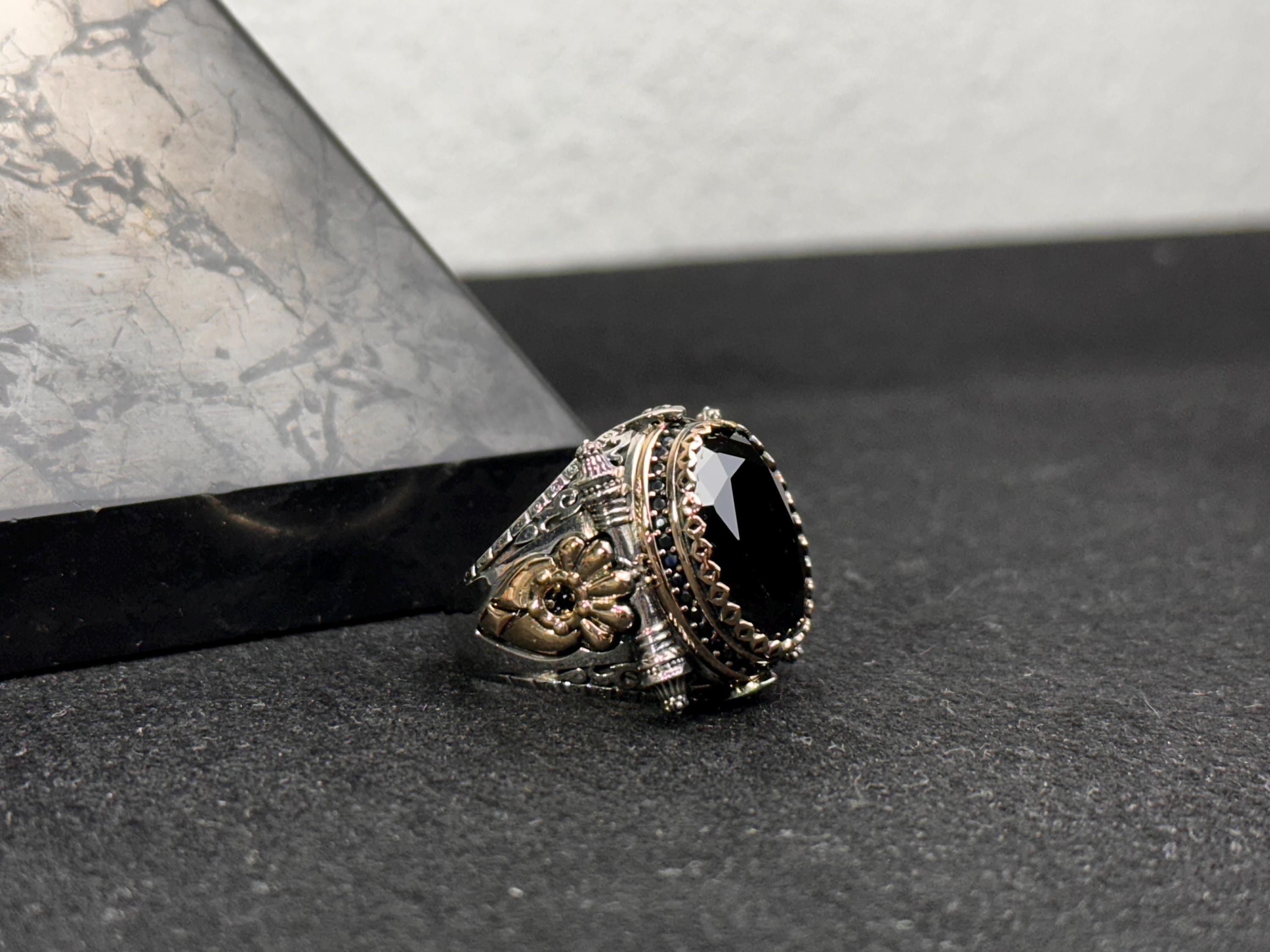 Sterling Silver Men's Ring, Black Zircon Statement (Handmade)