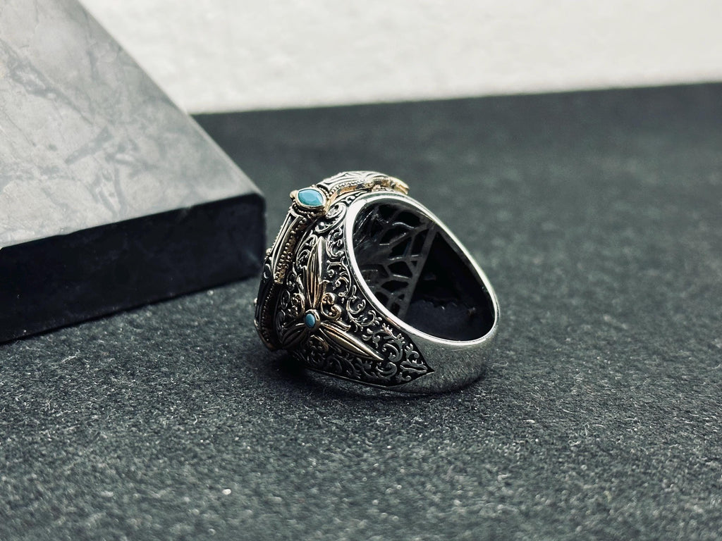 Aquamarine Ring: Men's Handmade Sterling Silver (Ottoman Lion Head)