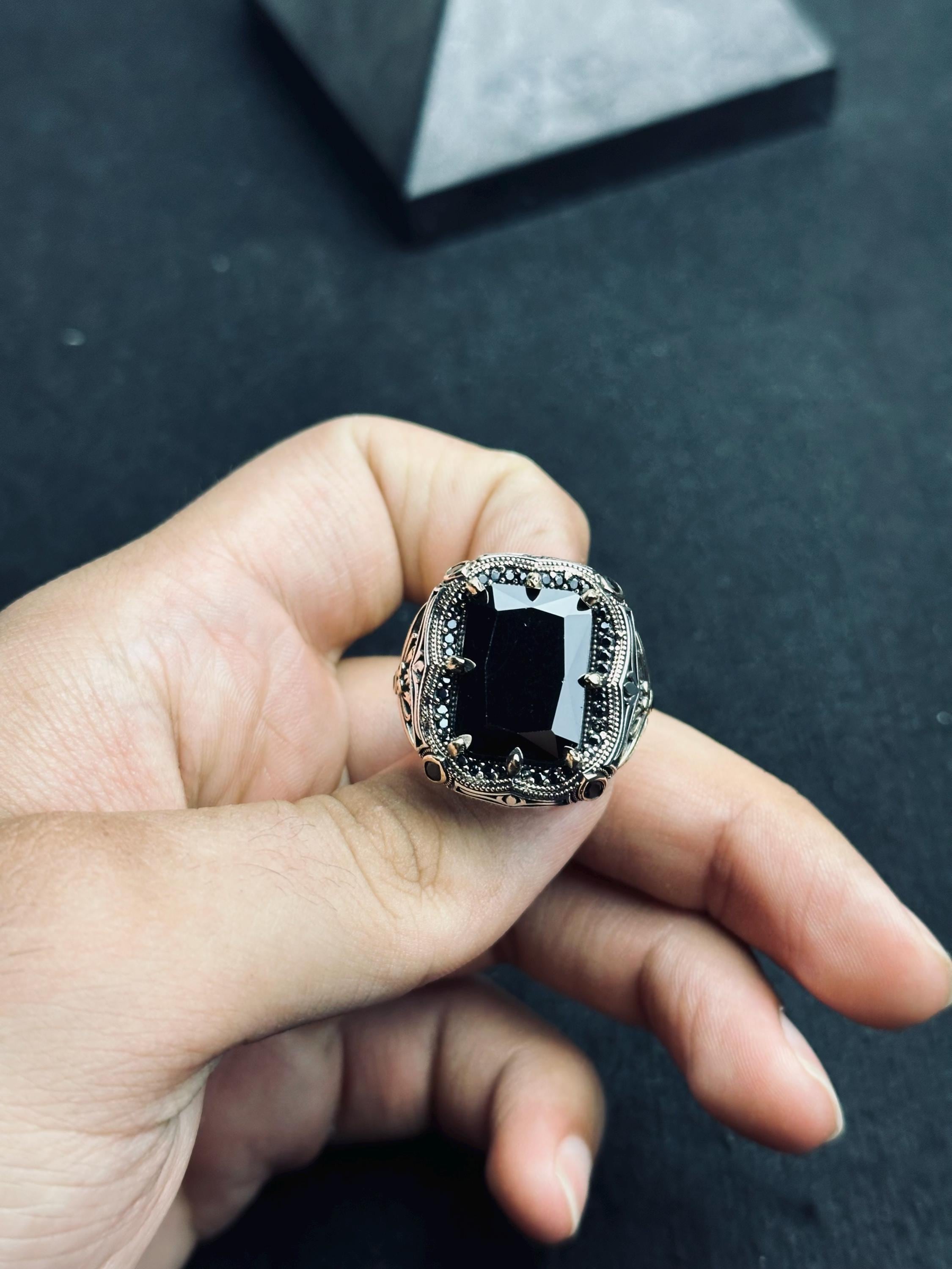 Black Zircon Men's Ring: Handmade Sterling Silver Ottoman Style