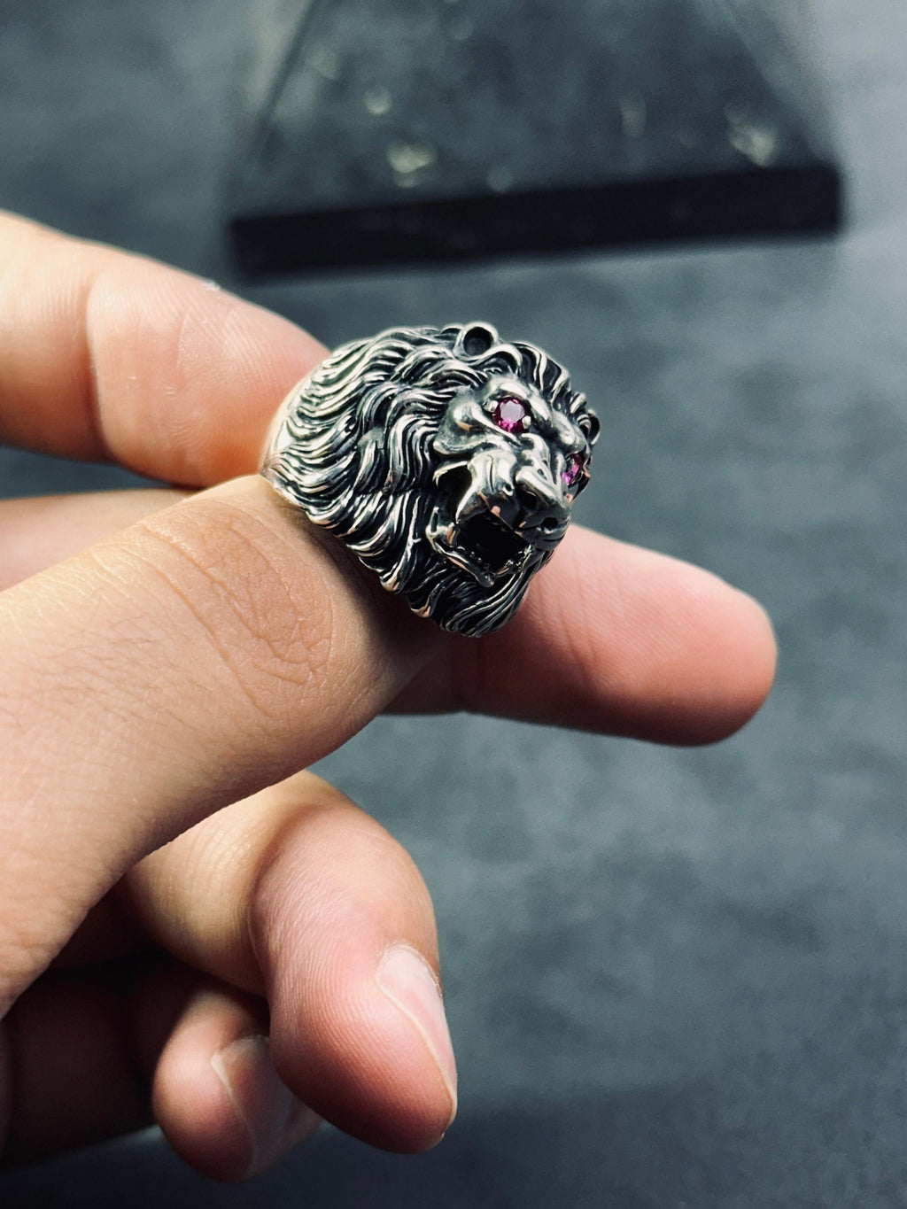 Lion Zodiac Sterling Silver Ring, Cubic Zirconia Eyes (Handmade)
