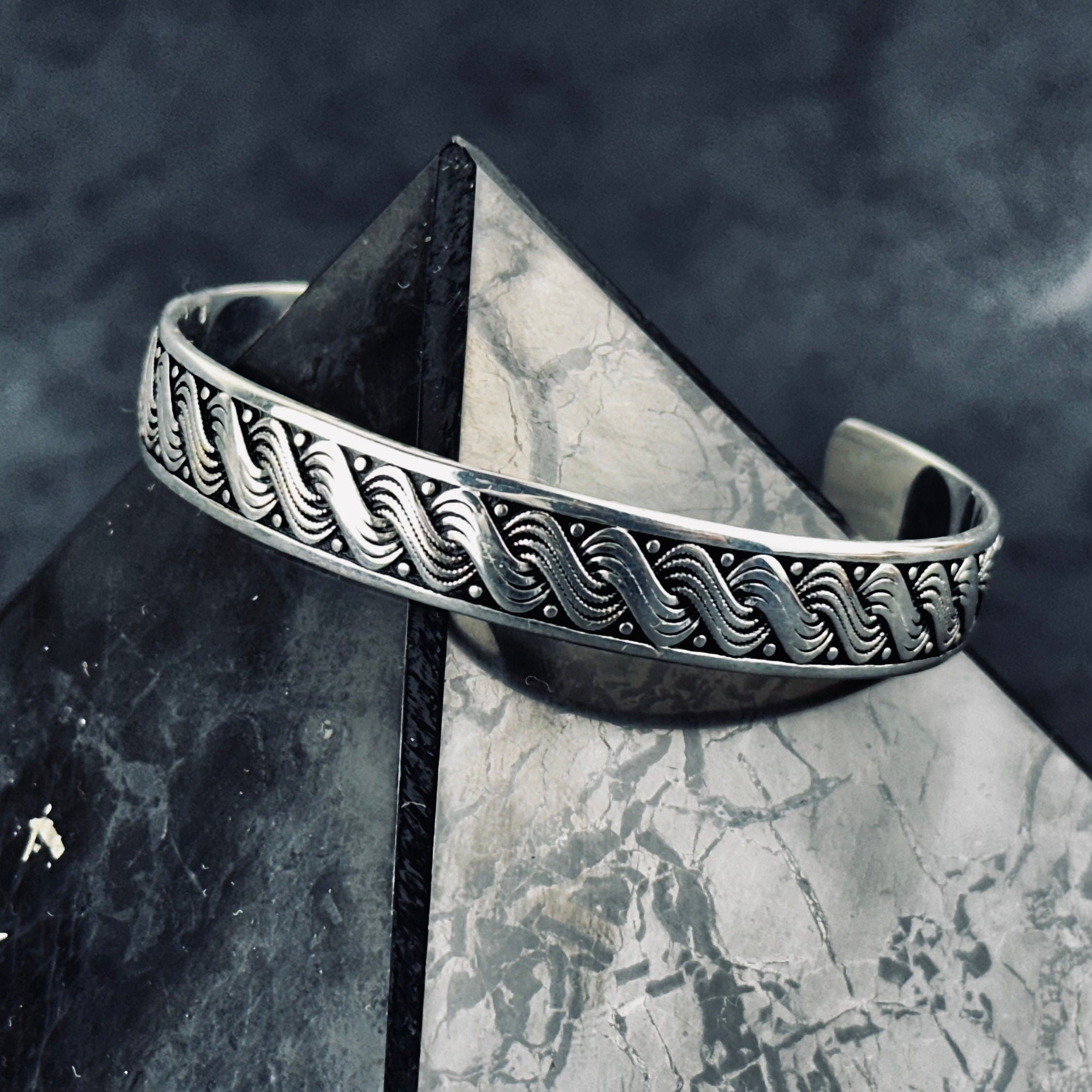 Sterling Silver Hand Cuff: Wave Knit Design - Adjustable Unisex