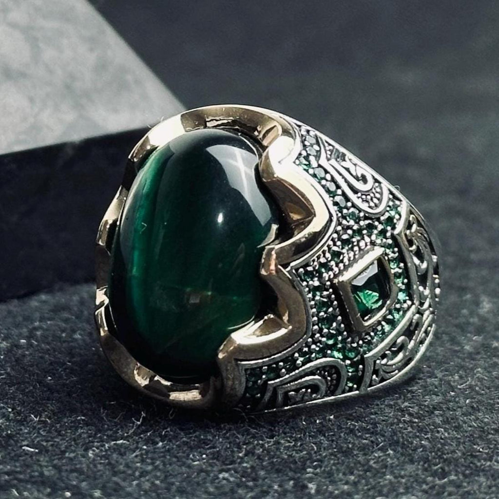 Malachite Sterling Silver Ring, Oval Green Stone (Men's Statement)