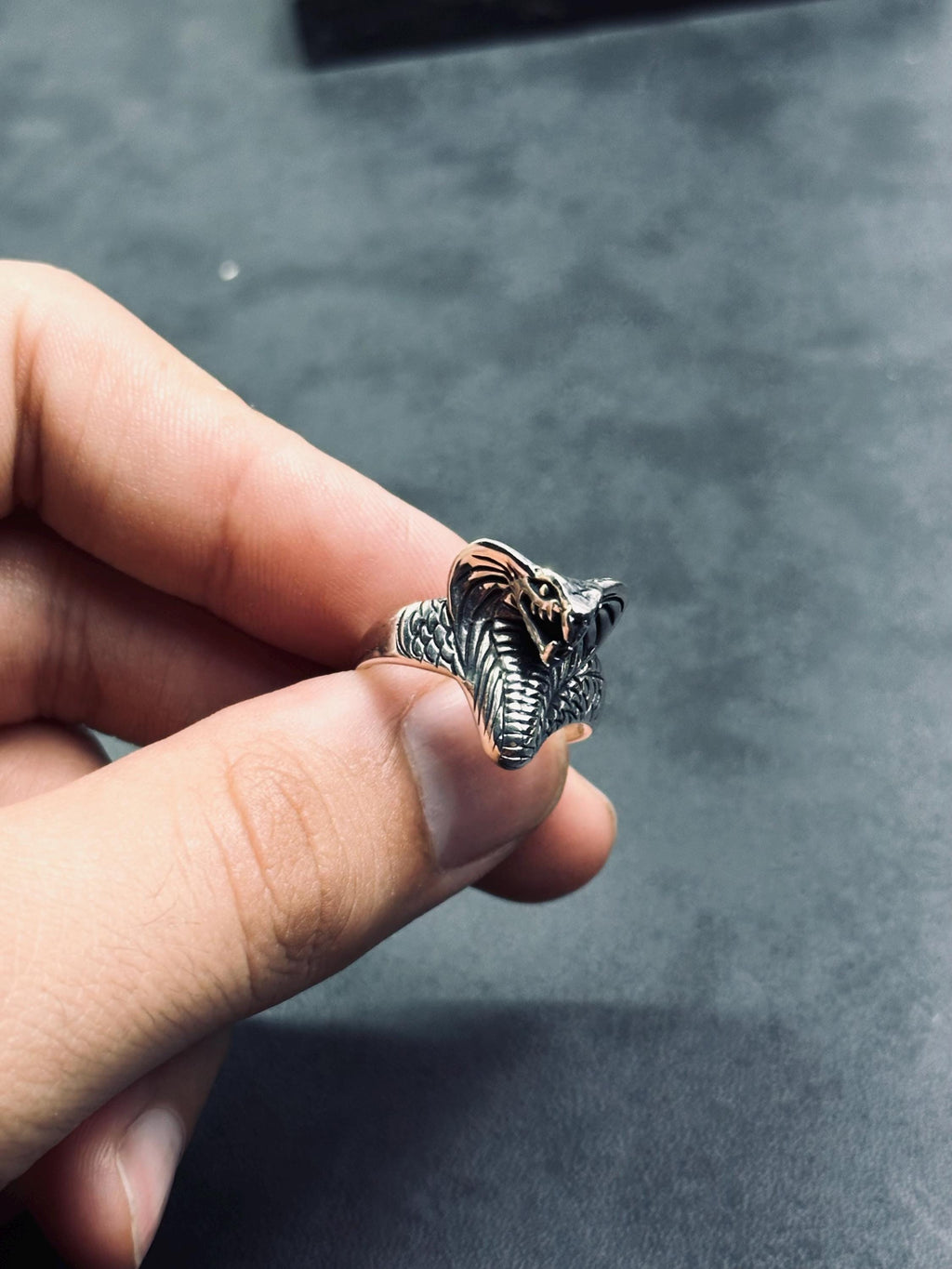 Sterling Silver King Cobra Ring, Snake Head Design (Adjustable)