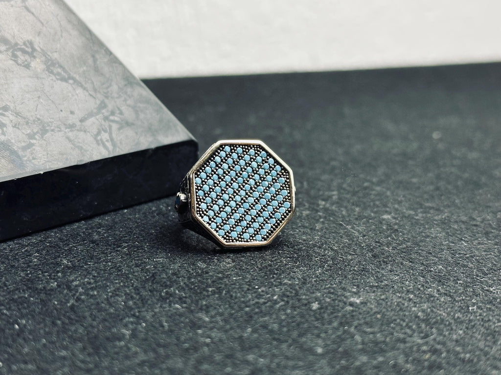Octagon Turquoise Ring: Men's Geometric Style (Sterling Silver)