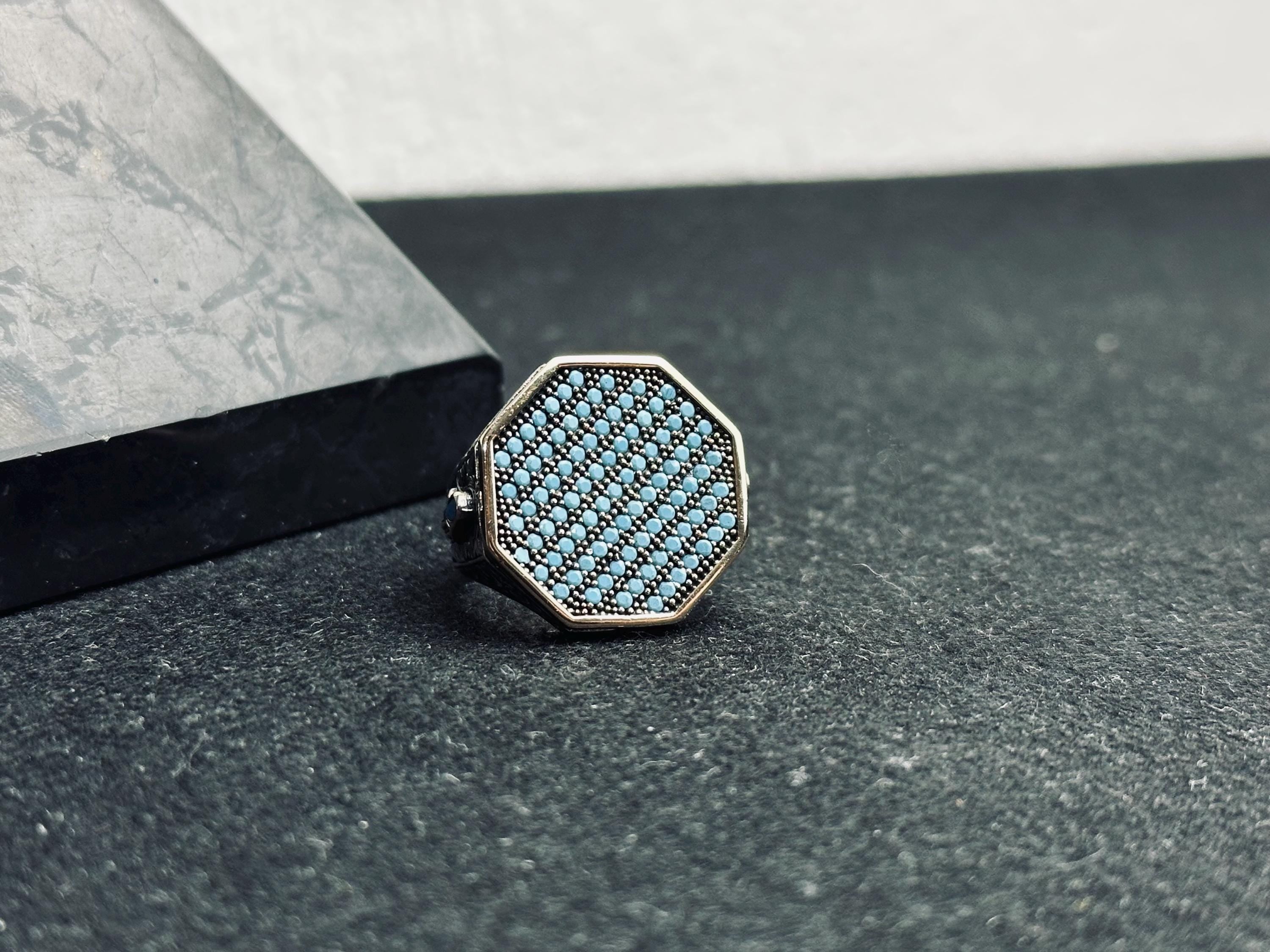 Octagon Turquoise Ring: Men's Geometric Style (Sterling Silver)