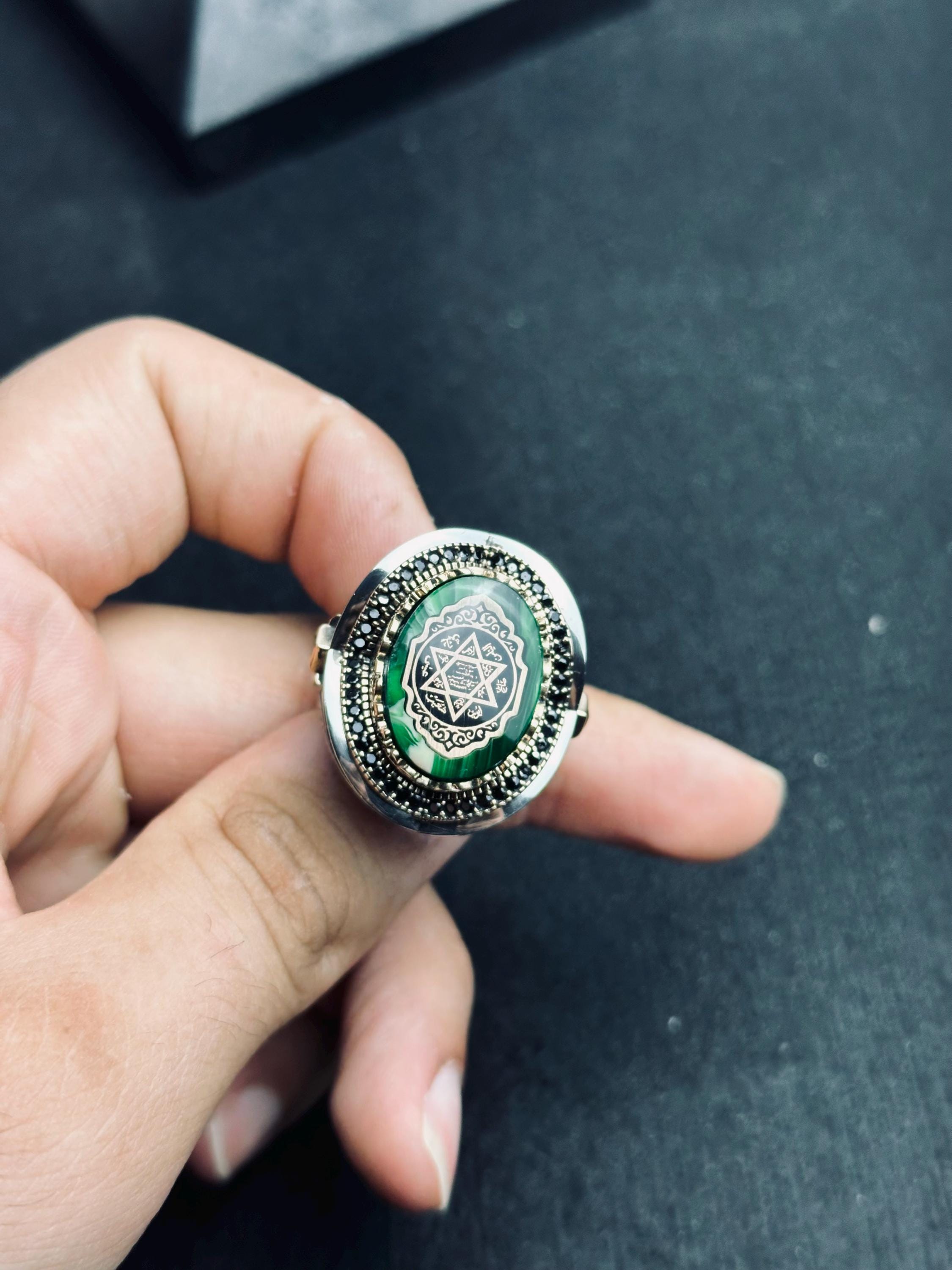 Solomon Seal Ring: Handmade Sterling Silver with Green Amber