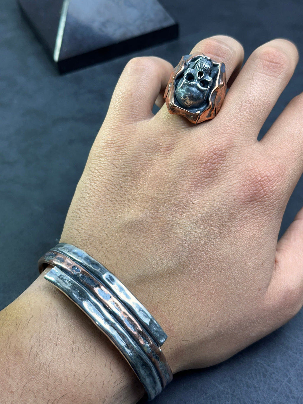 Skull Punk Silver Ring and Bracelet Set (Handmade, Chunky Style)
