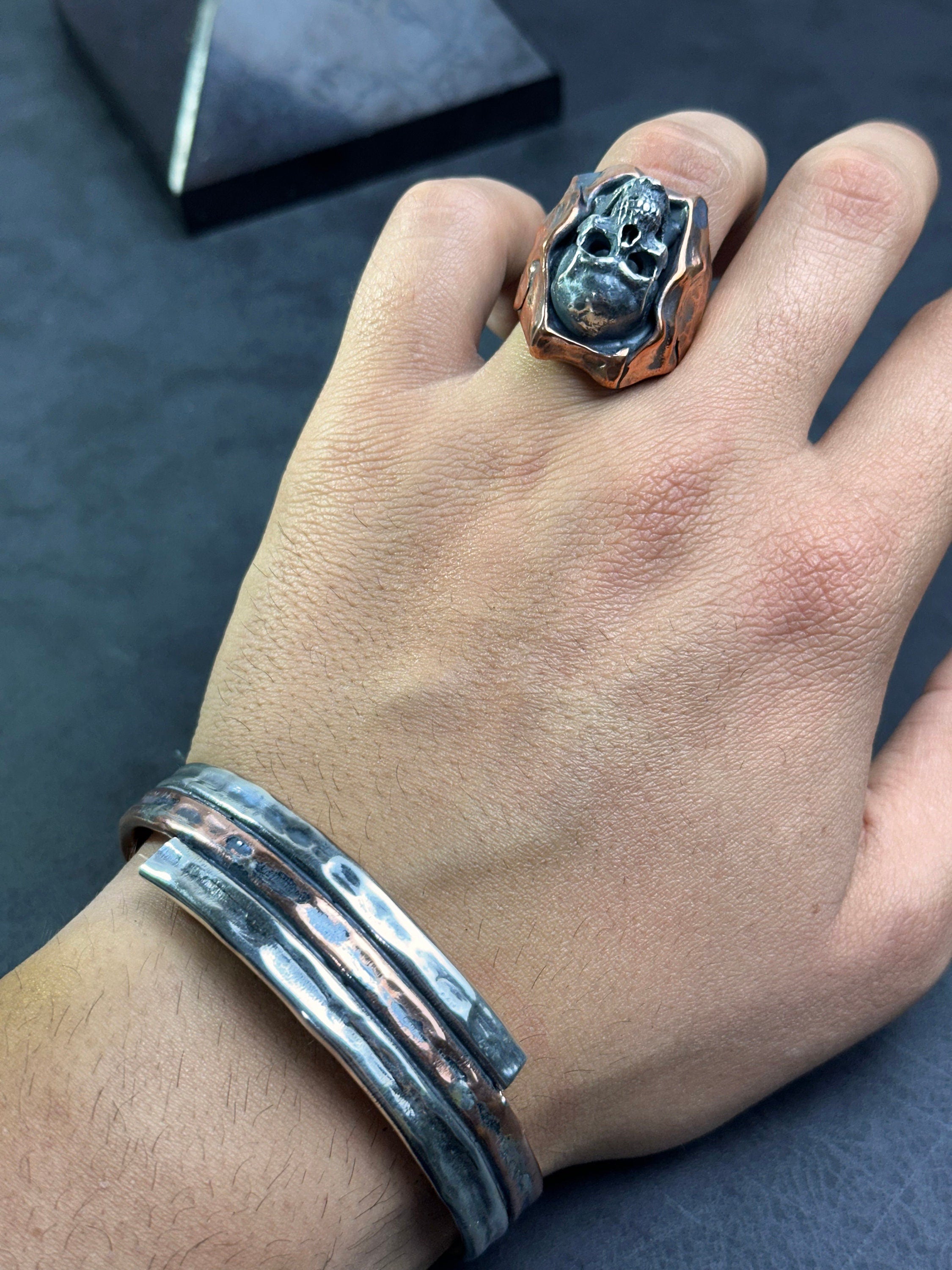 Skull Punk Silver Ring and Bracelet Set (Handmade, Chunky Style)