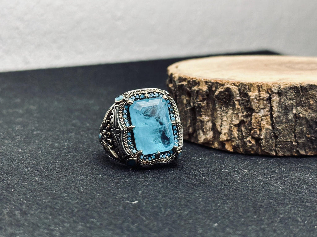 Aquamarine Ring: Men's Handmade Sterling Silver (Ottoman Lion Head)
