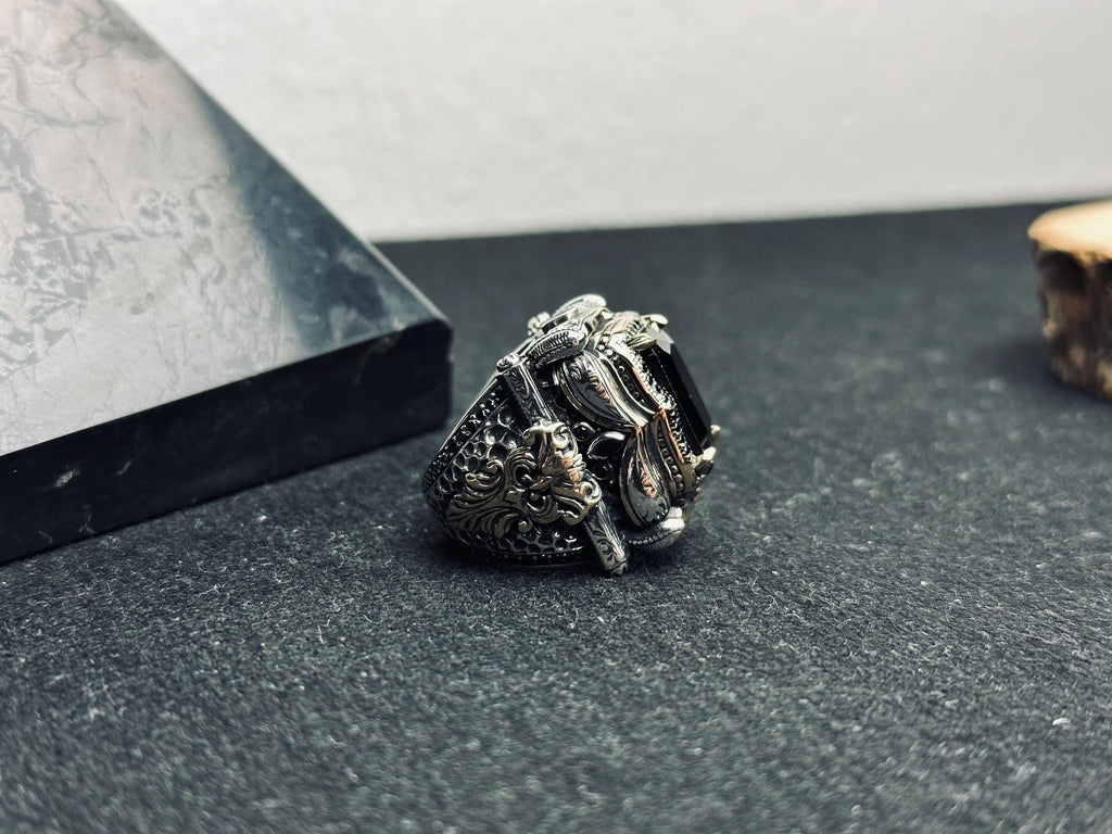 Men's Square Zircon Ring: Bold Black Stone (925 Sterling Silver)