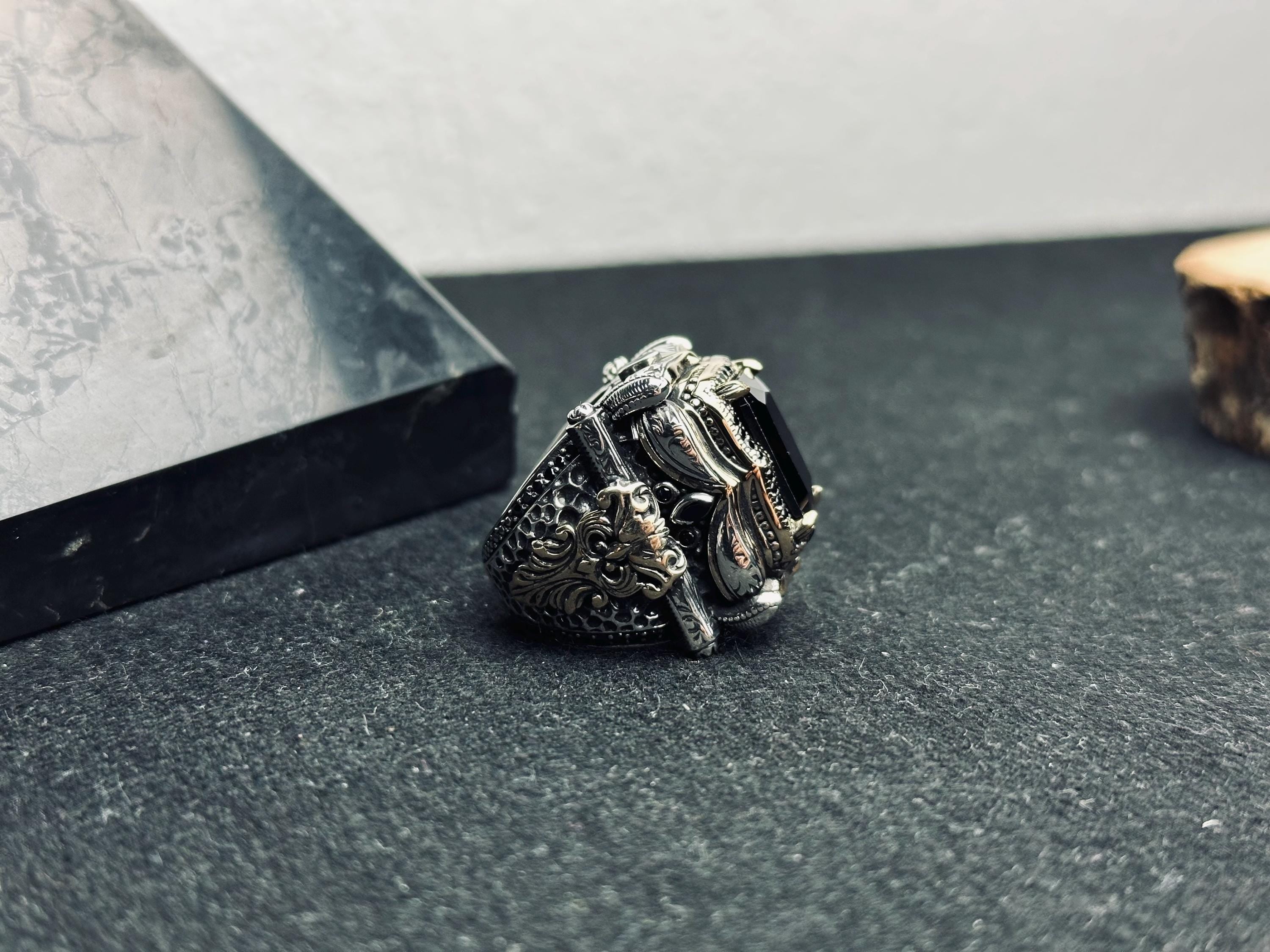Men's Square Zircon Ring: Bold Black Stone (925 Sterling Silver)