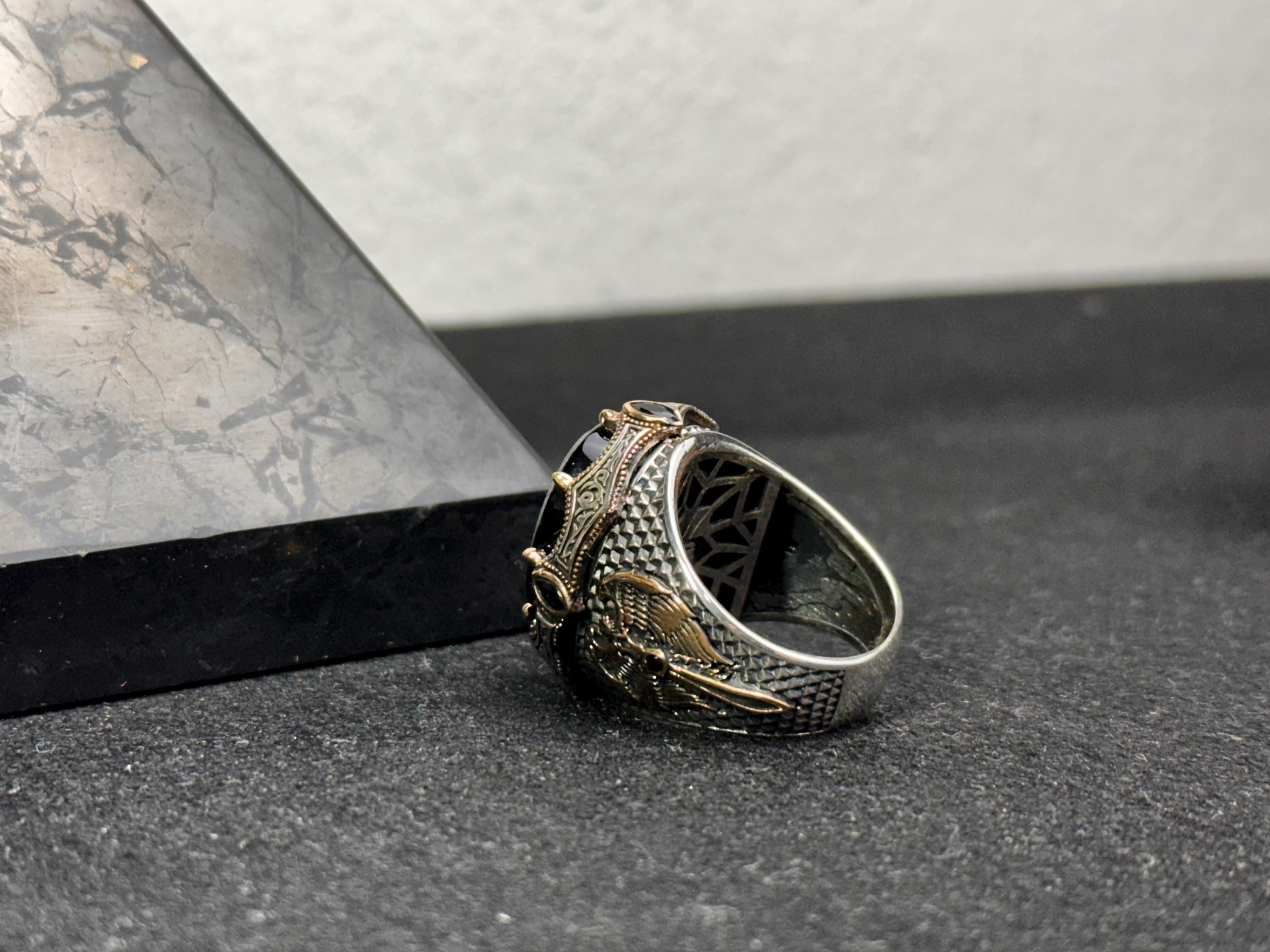 Sterling Silver Solomon Seal Ring - Amber Stone Protection
