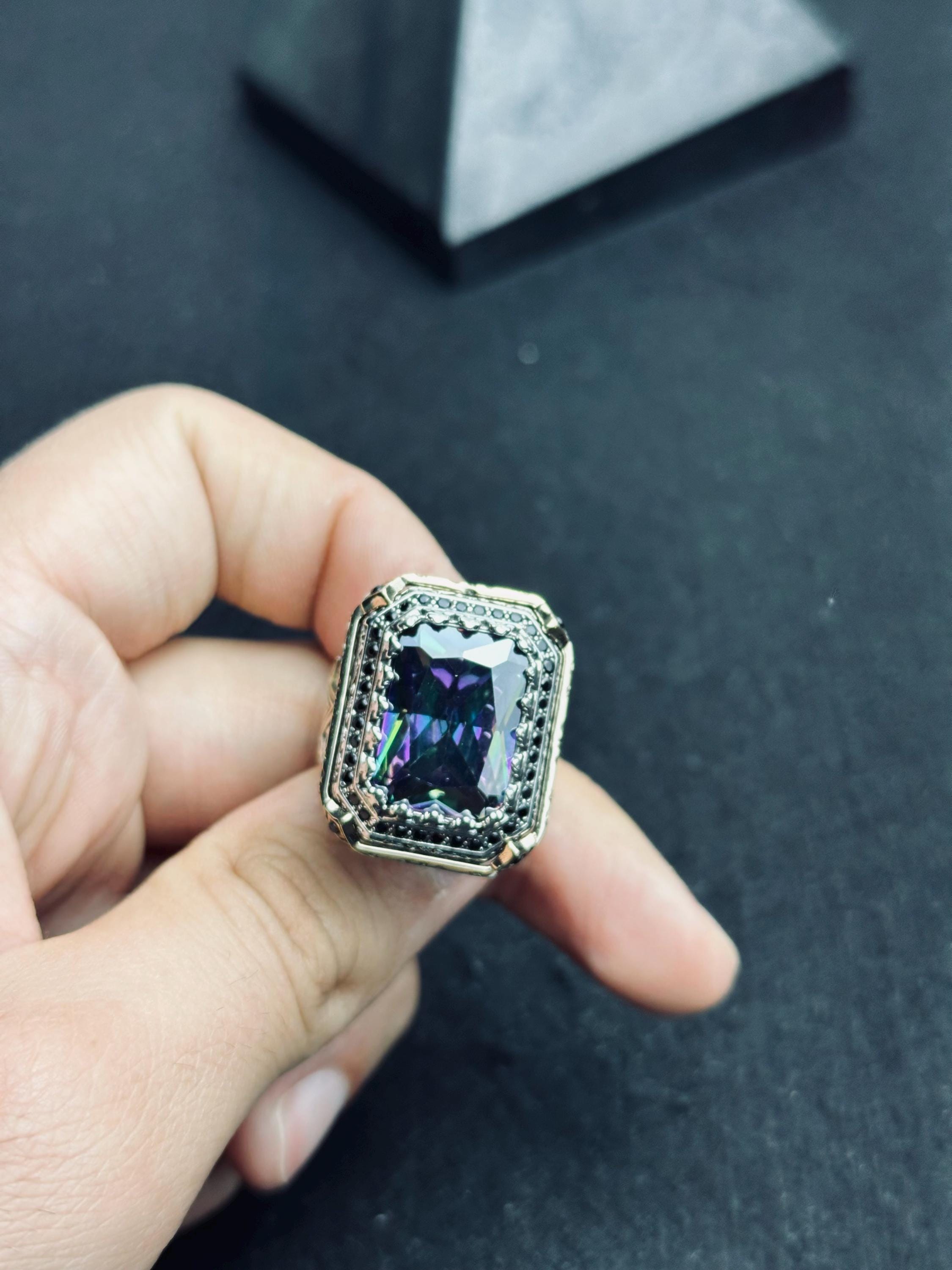 Square Mystic Topaz Ring: Color Changing Silver Statement Jewelry