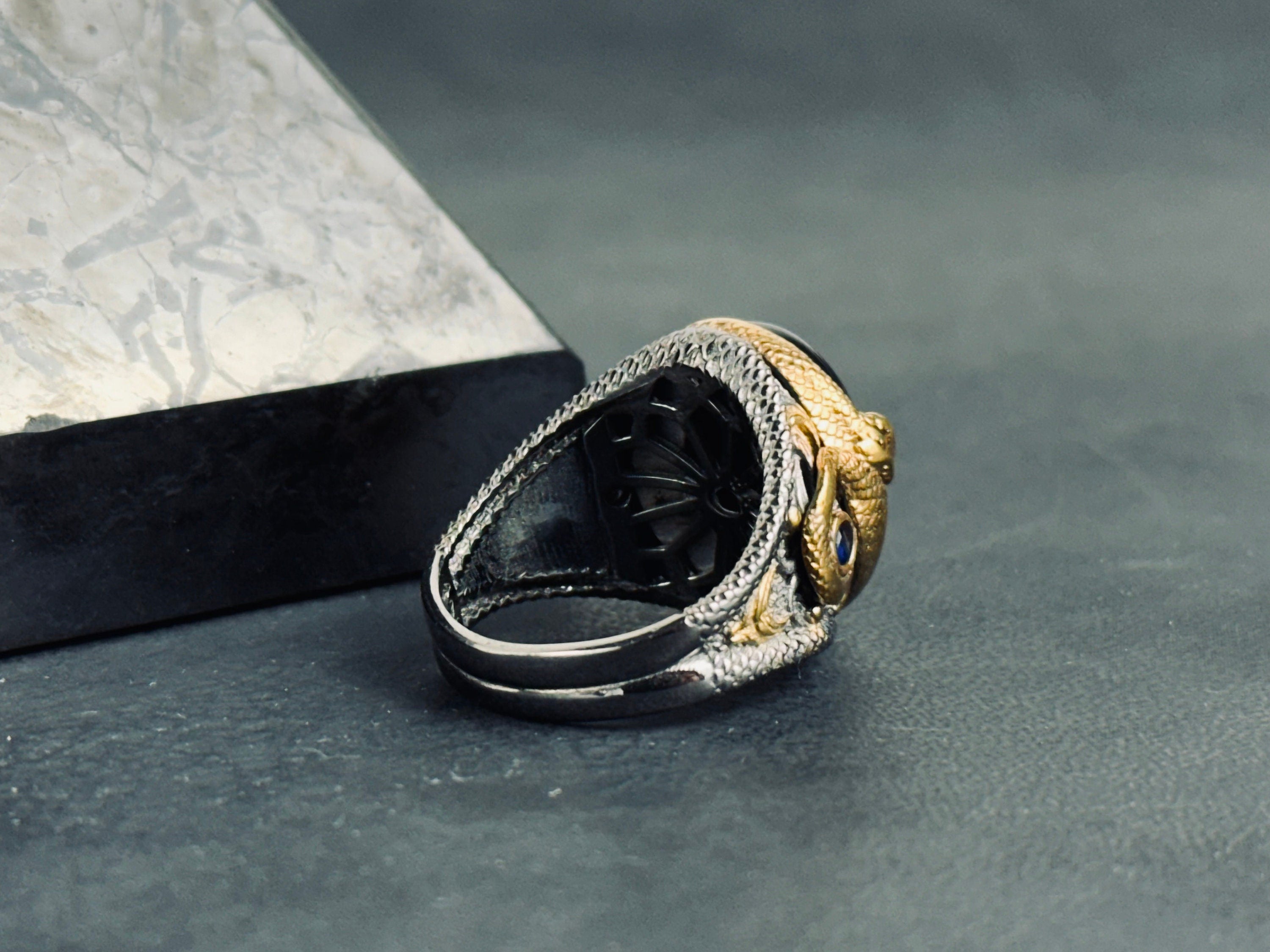 Sapphire Dragon Ring - Sterling Silver Engraved Statement Piece