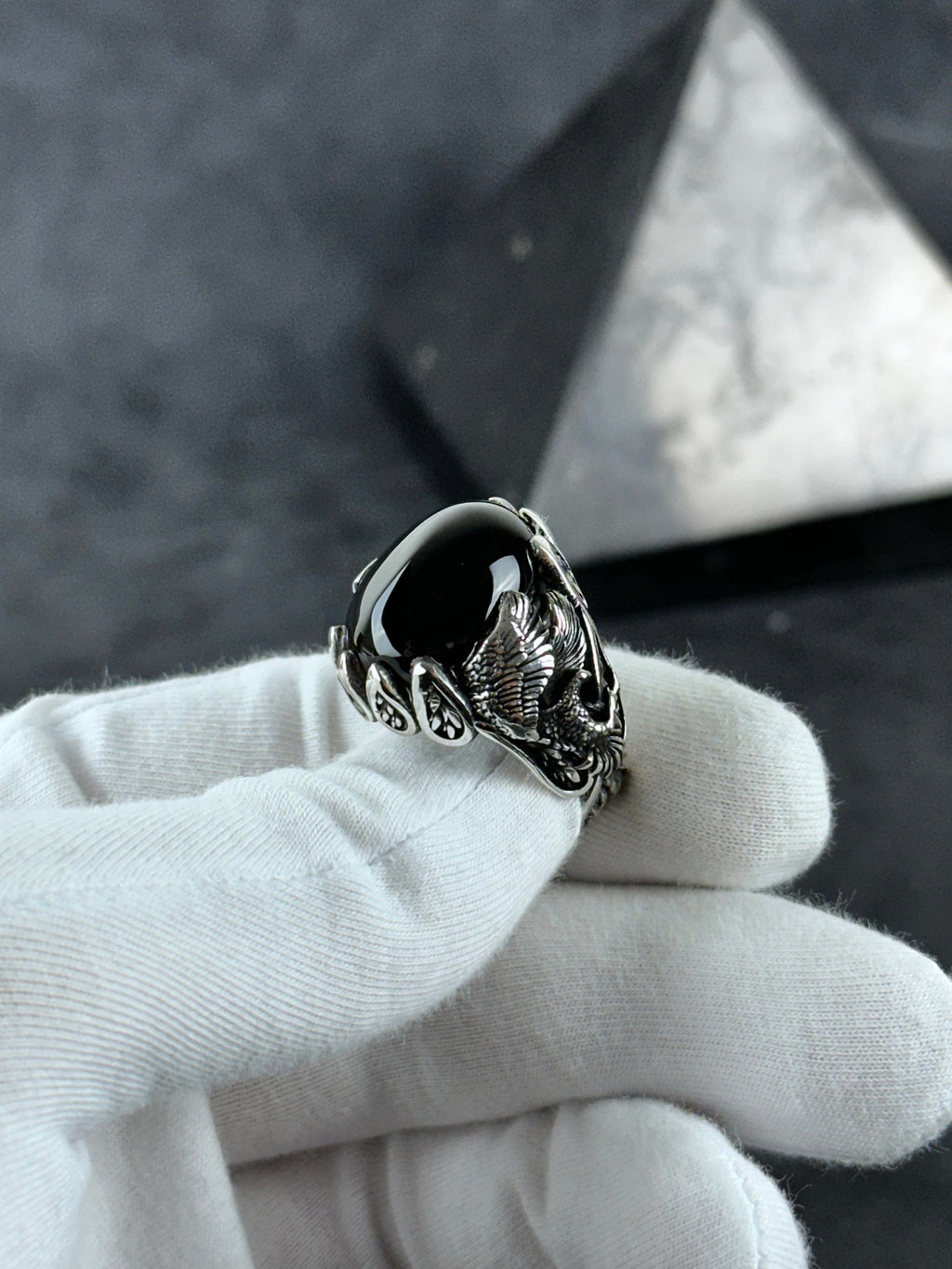 Men's Sterling Silver Ring, Majestic Eagle, Onyx Gemstone (Statement Jewelry)