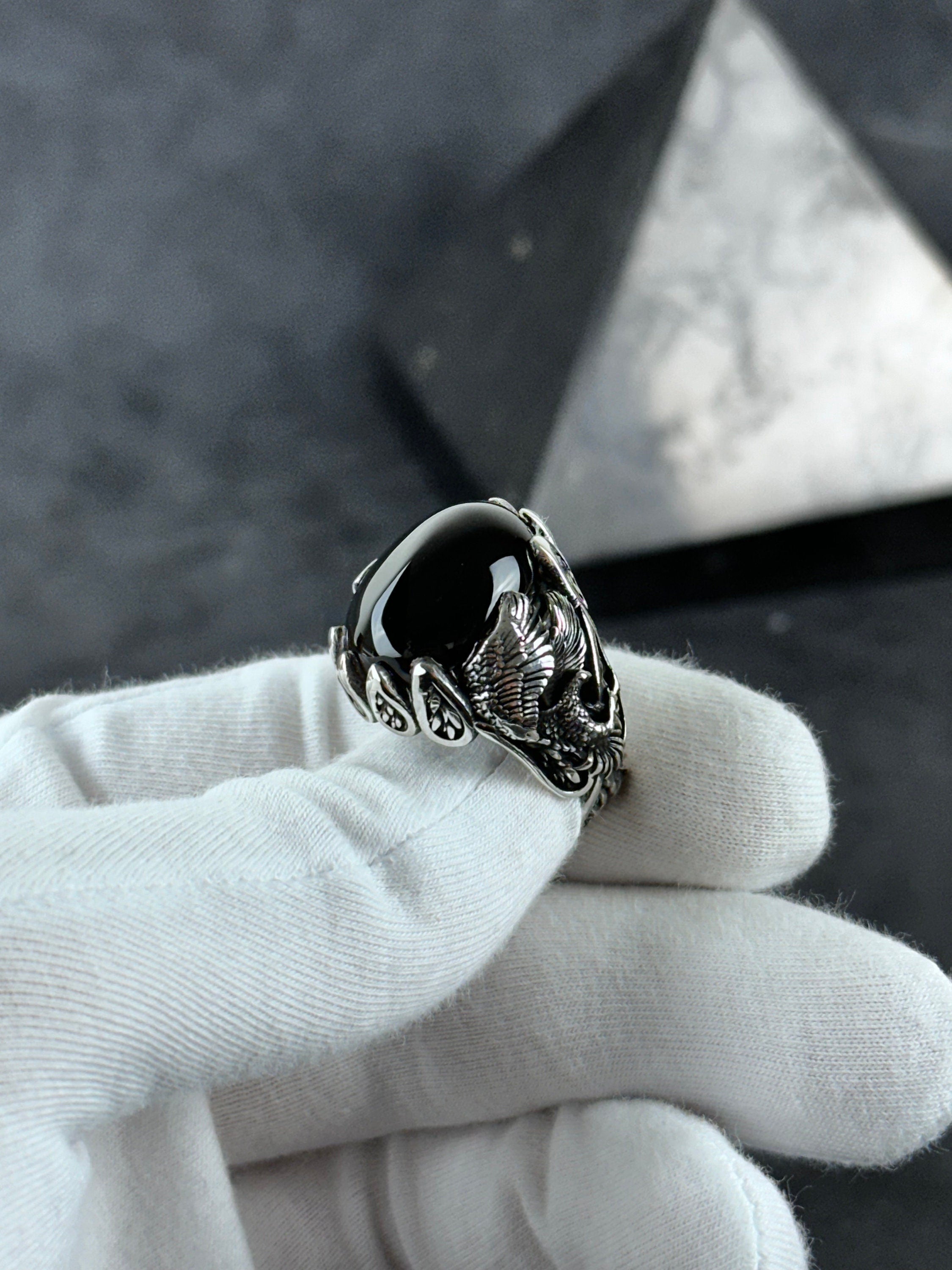 Men's Sterling Silver Ring, Majestic Eagle, Onyx Gemstone (Statement Jewelry)