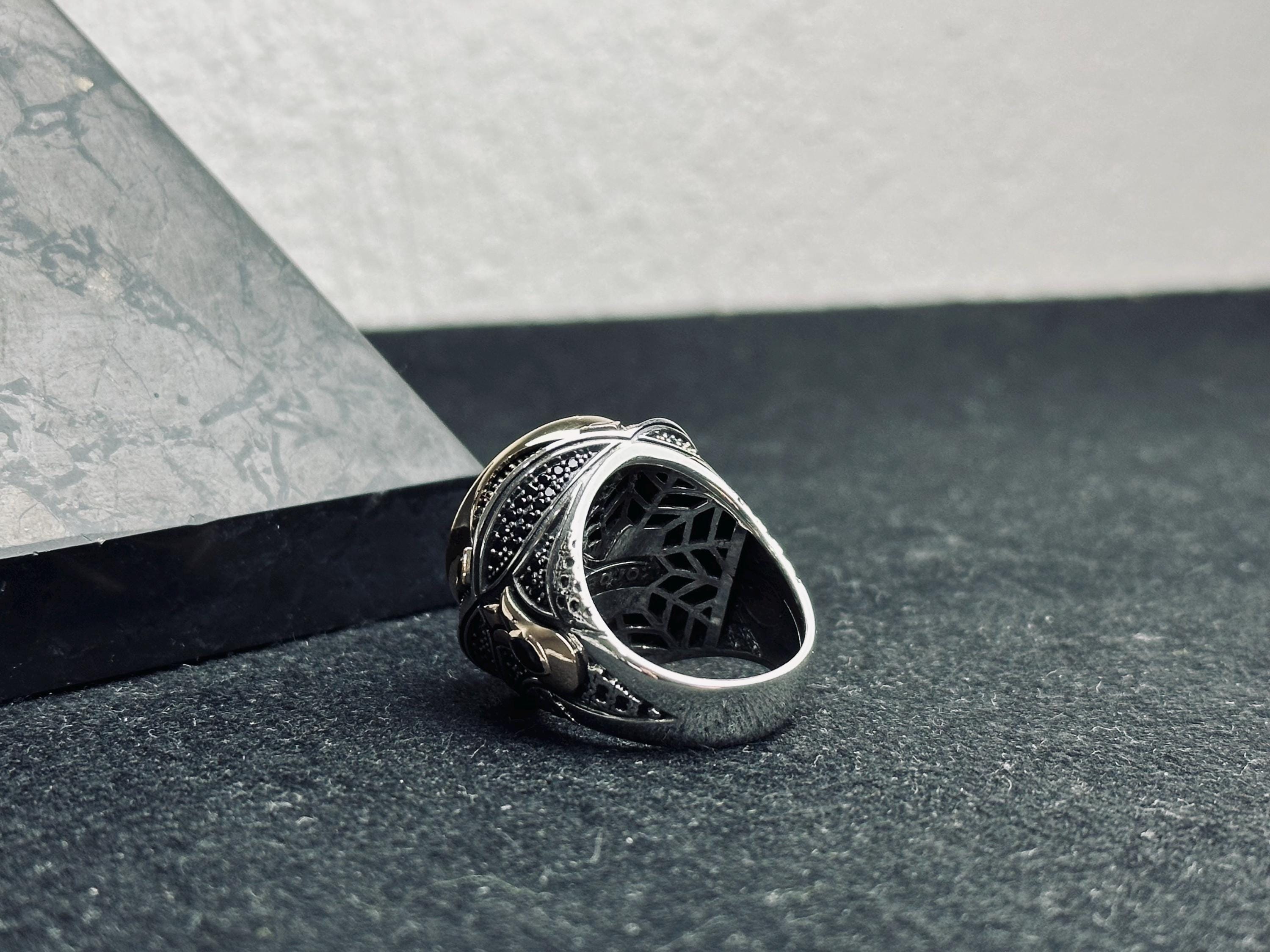 Sterling Silver Men's Ring: Black Zircon Stone (Handmade, Turkish Style)
