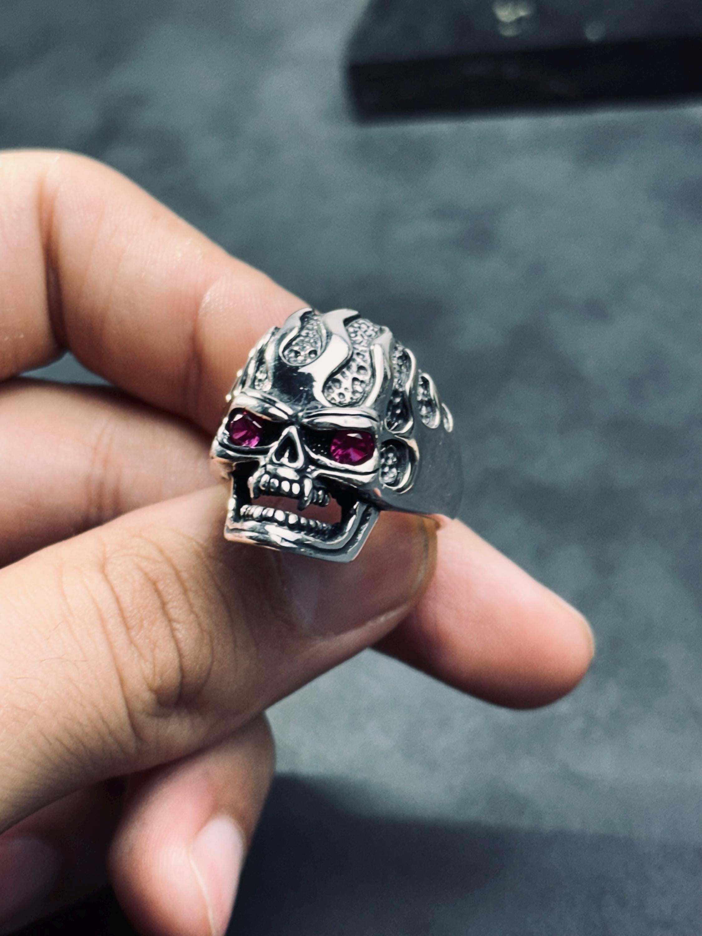 Skull Ring: Gothic Sterling Silver - Cubic Zirconia Accent