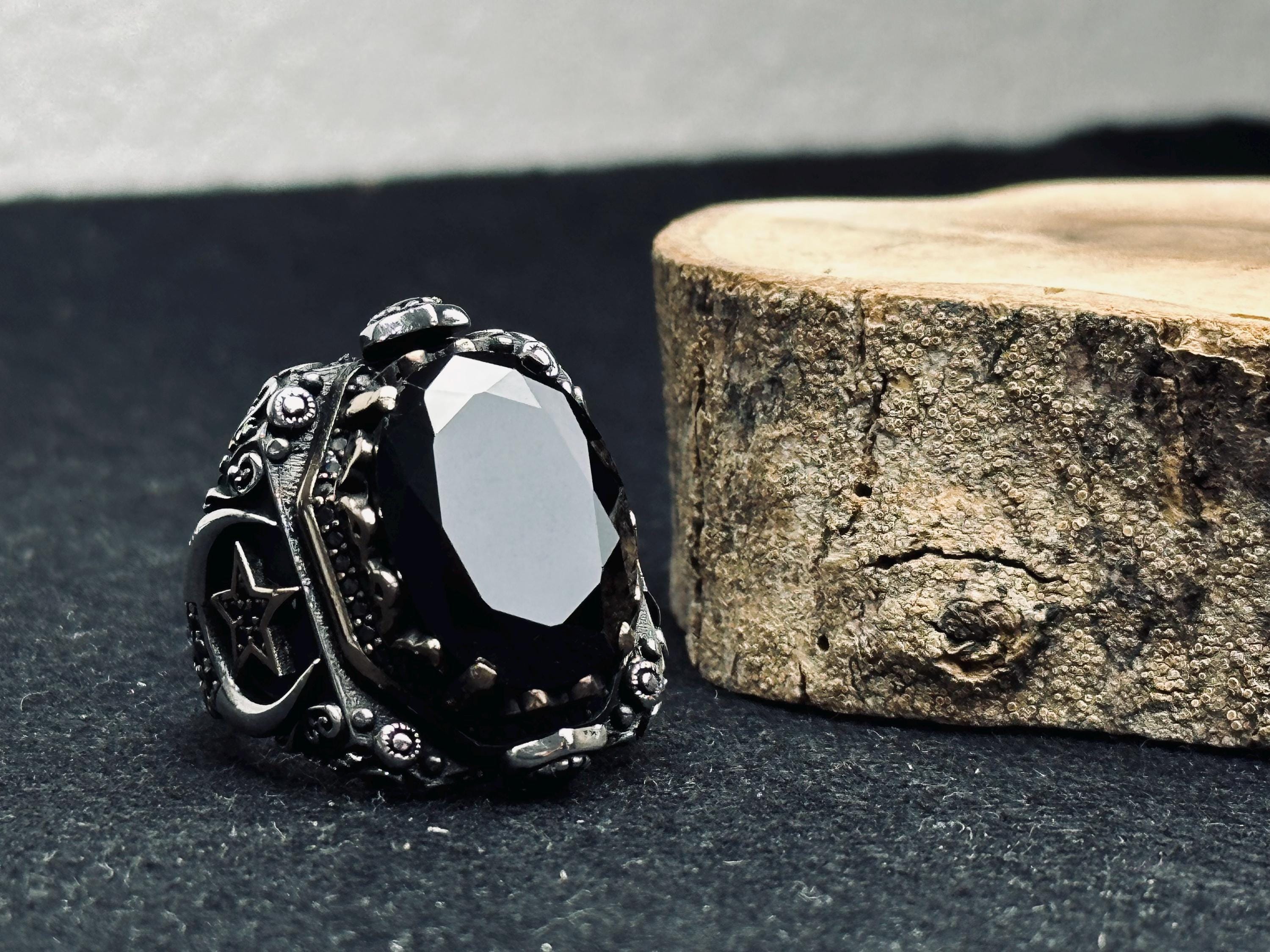 Men's Signet Ring: Black Zircon Stone - Sterling Silver