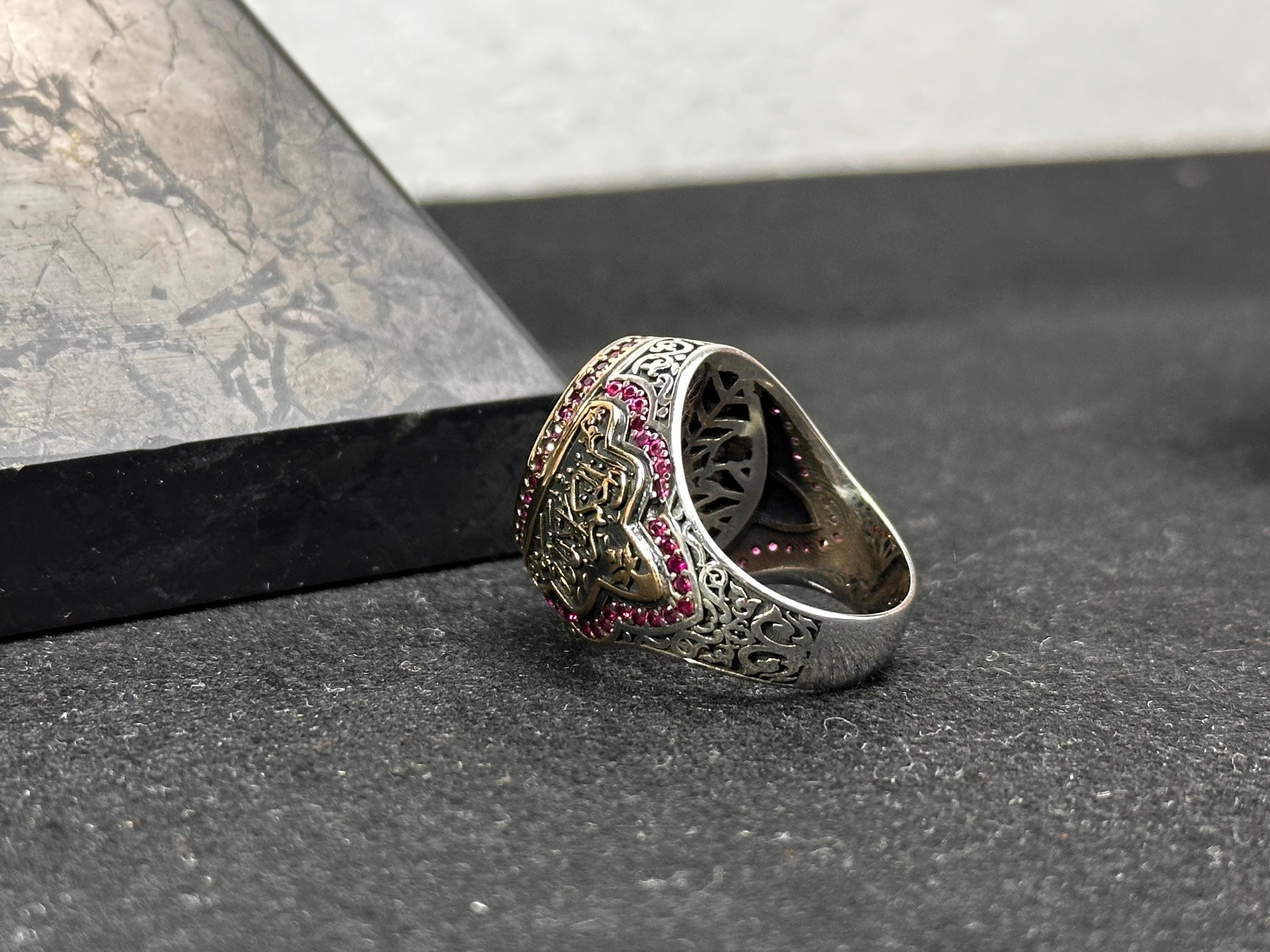 Vintage Sterling Silver Signet Ring, Red Zircon, Arabic Calligraphy (Men's)