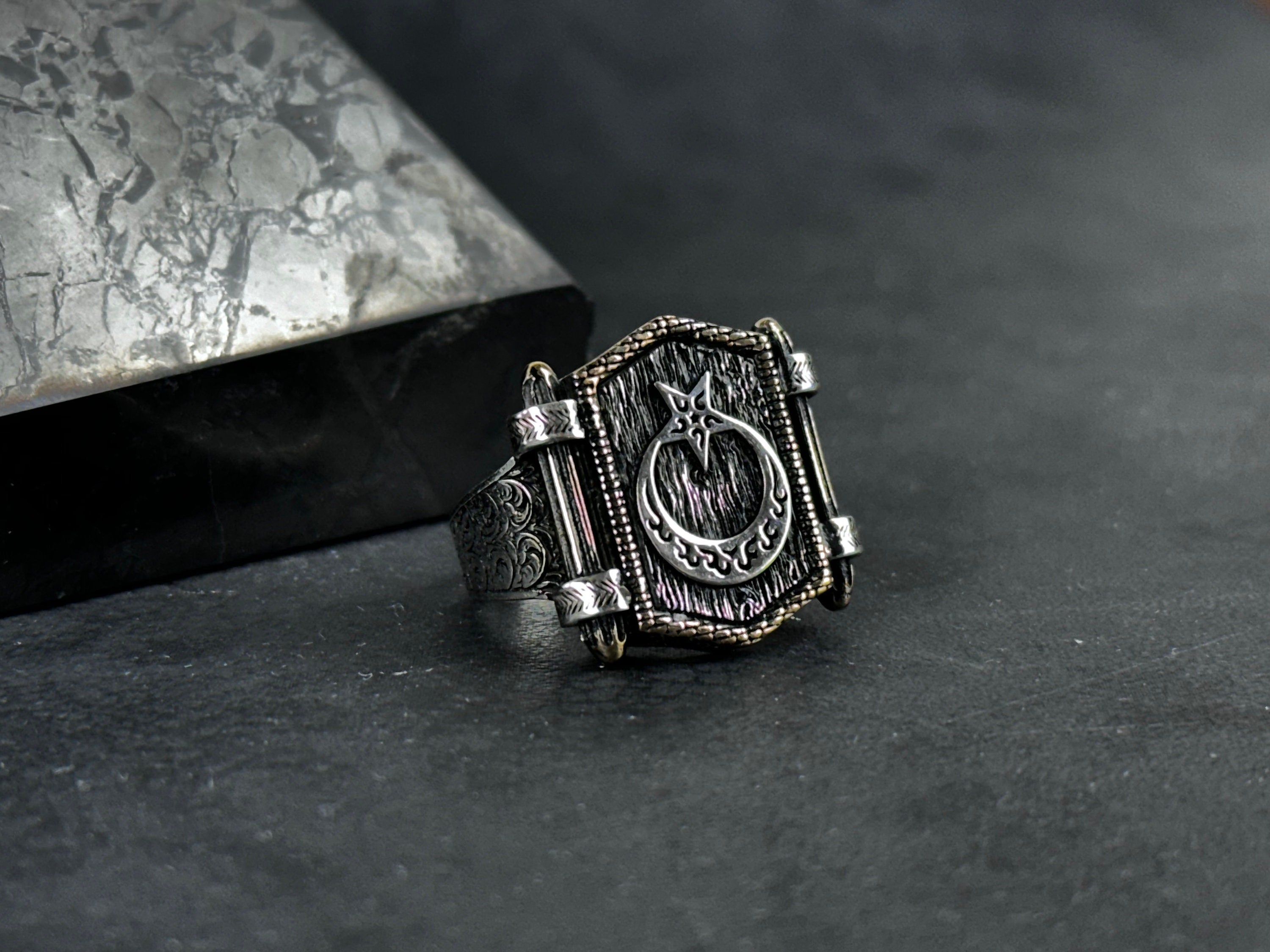 Crescent Star Ring: Sterling Silver Handmade - Turkish Design