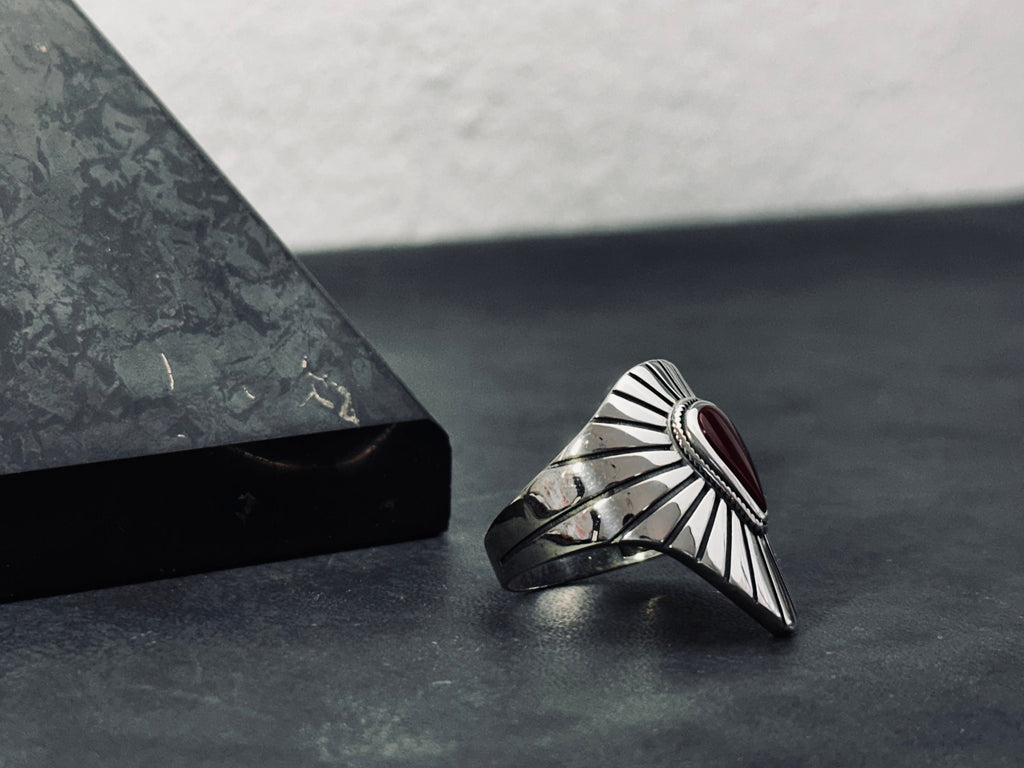 Sterling Silver Shield Ring - Red Agate Stone Detail