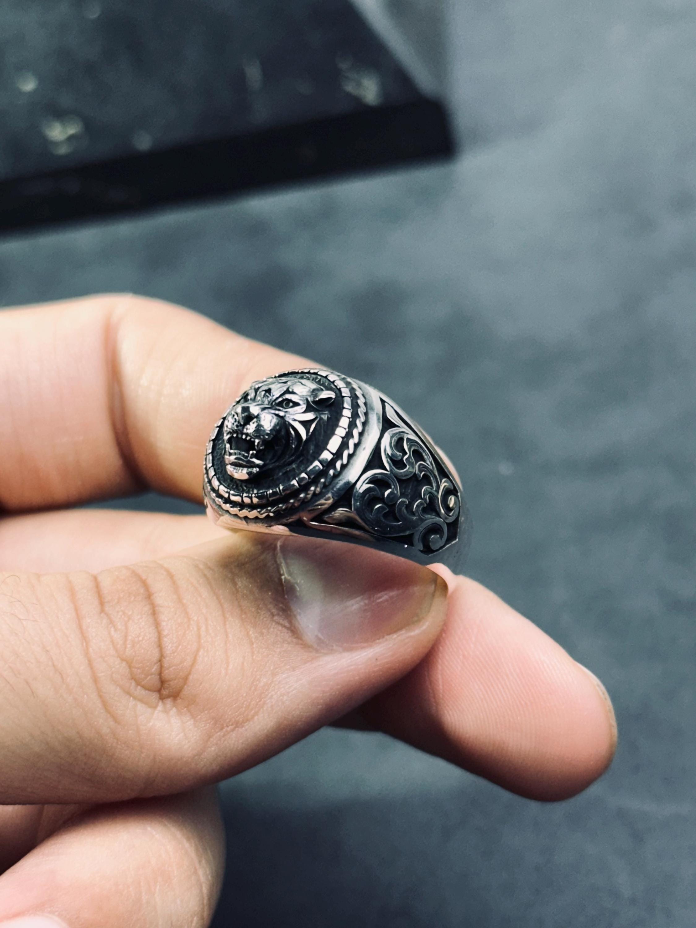 Tiger Head Sterling Silver Ring, Oxidized Finish (Handmade, Unisex)